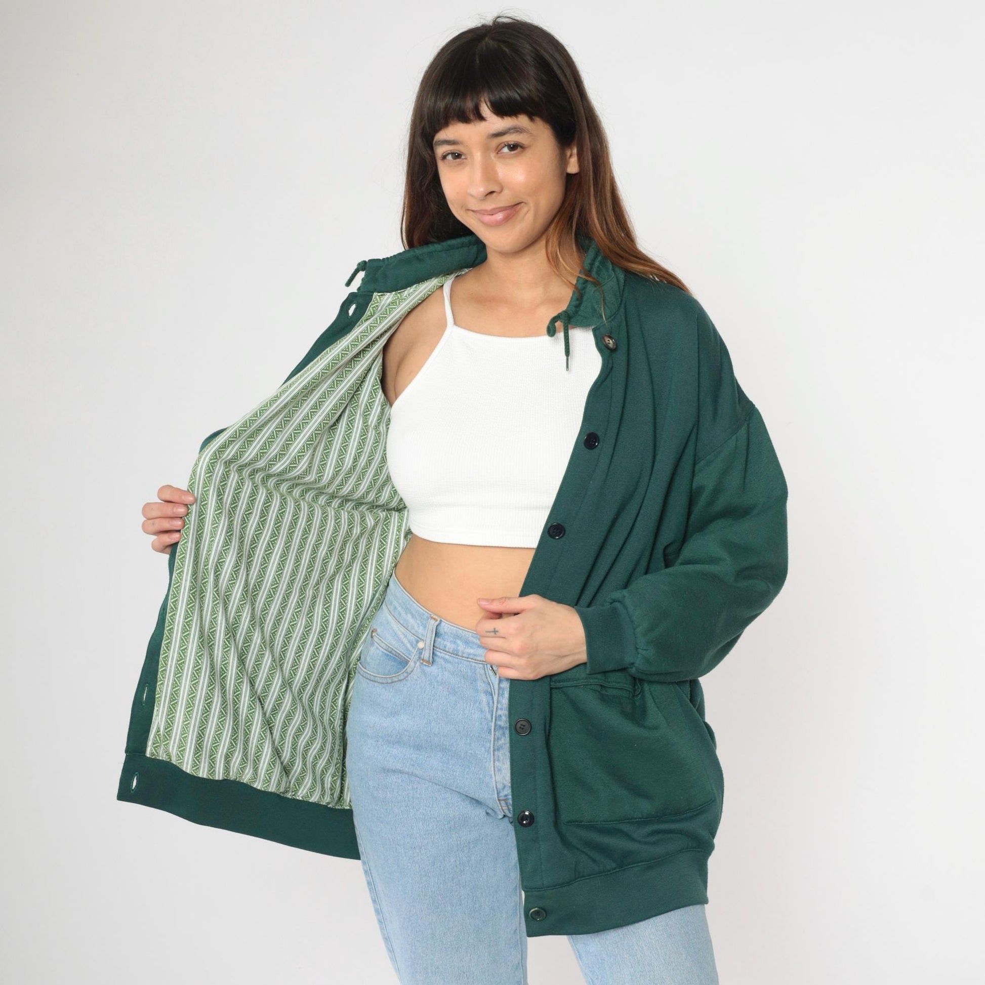 90s Gottschalks Green Cargo Pocket Sweatshirt Jacket Button Front Large L