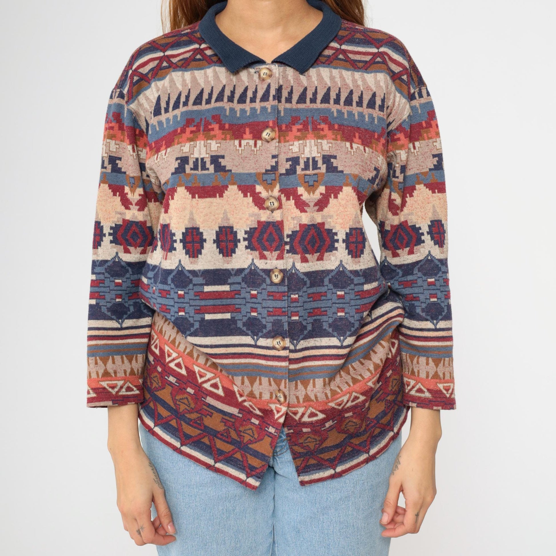 90s Southwestern Tapestry Button Up Blouse Navy Blue Red Long Sleeve Extra Small