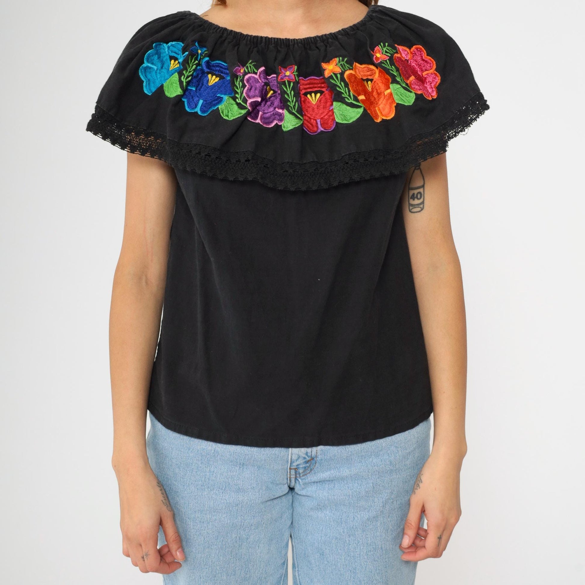 90s Mexican Floral Embroidered Blouse Black Off-Shoulder Crochet Peasant Small