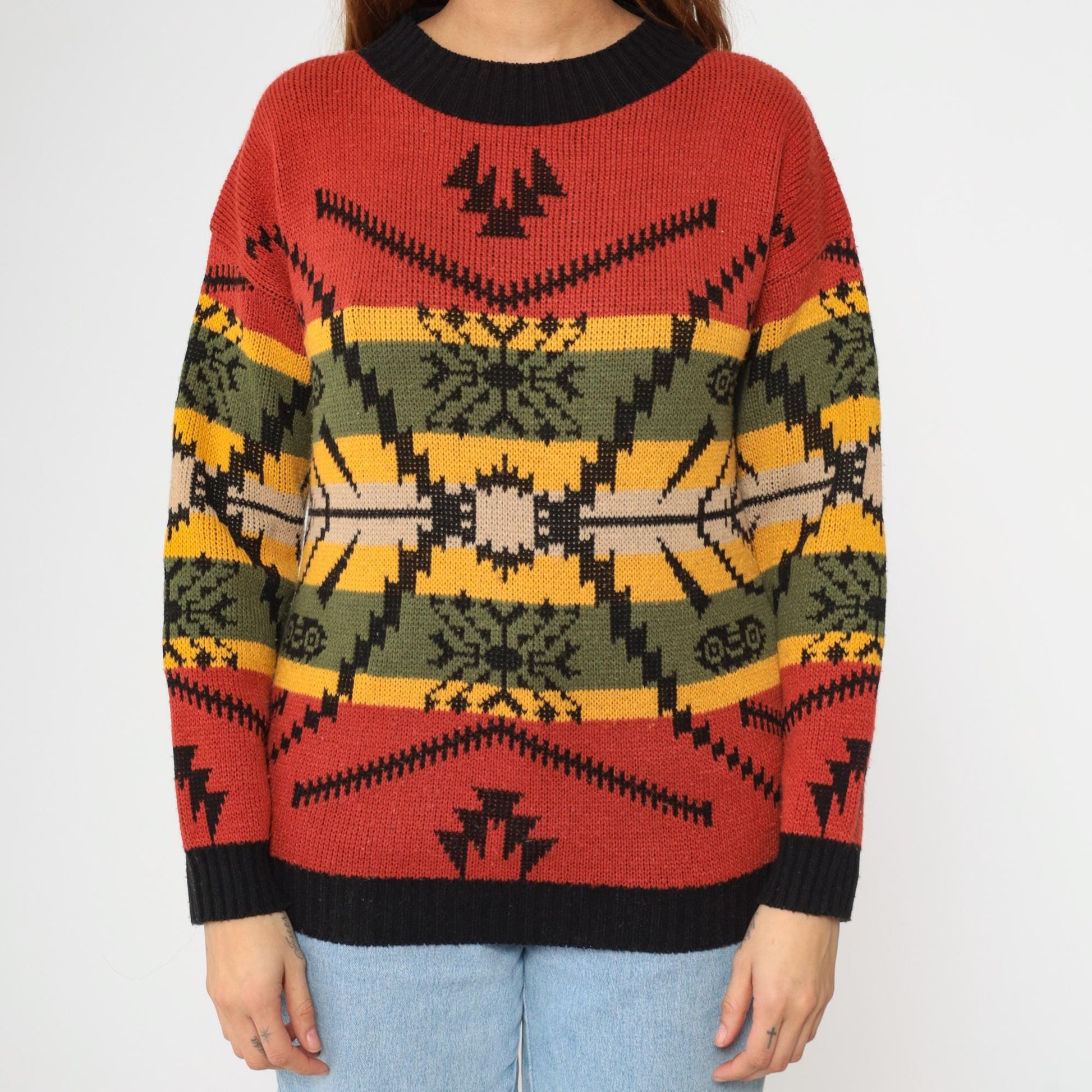 80s Southwestern Geometric Knit Sweater Red Black Ringer Crewneck Medium