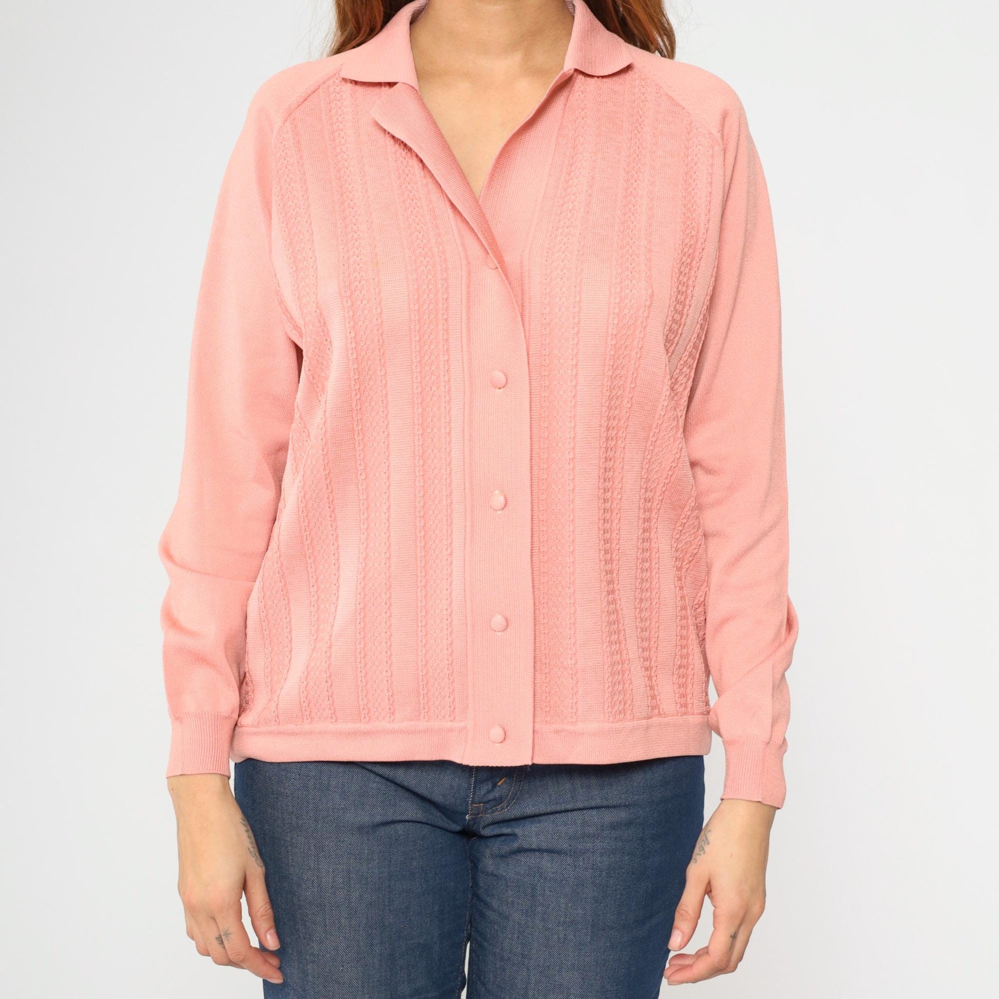 70s Pink Textured Cardigan Sweater Raglan Collar Button-Up Medium