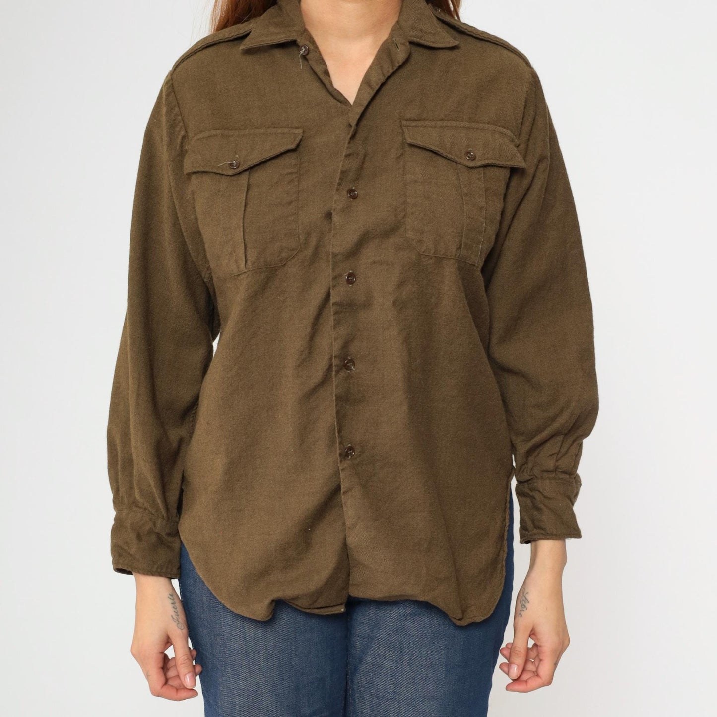 80s Olive Brown Wool Military Shirt Button Up Epaulettes Utility Pockets Small