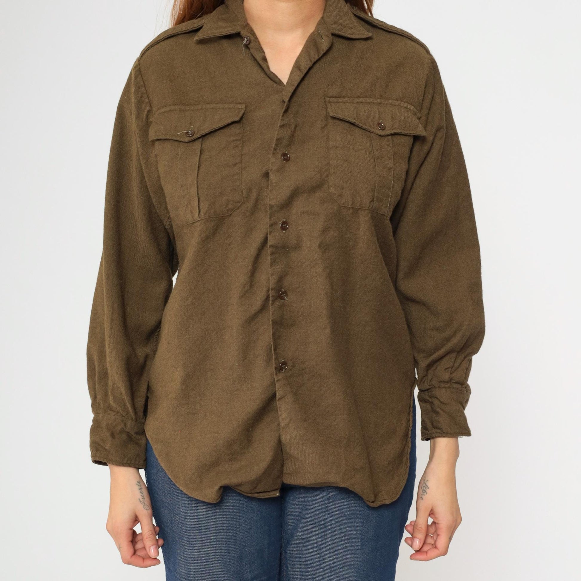 80s Olive Brown Wool Military Shirt Button Up Epaulettes Utility Pockets Small