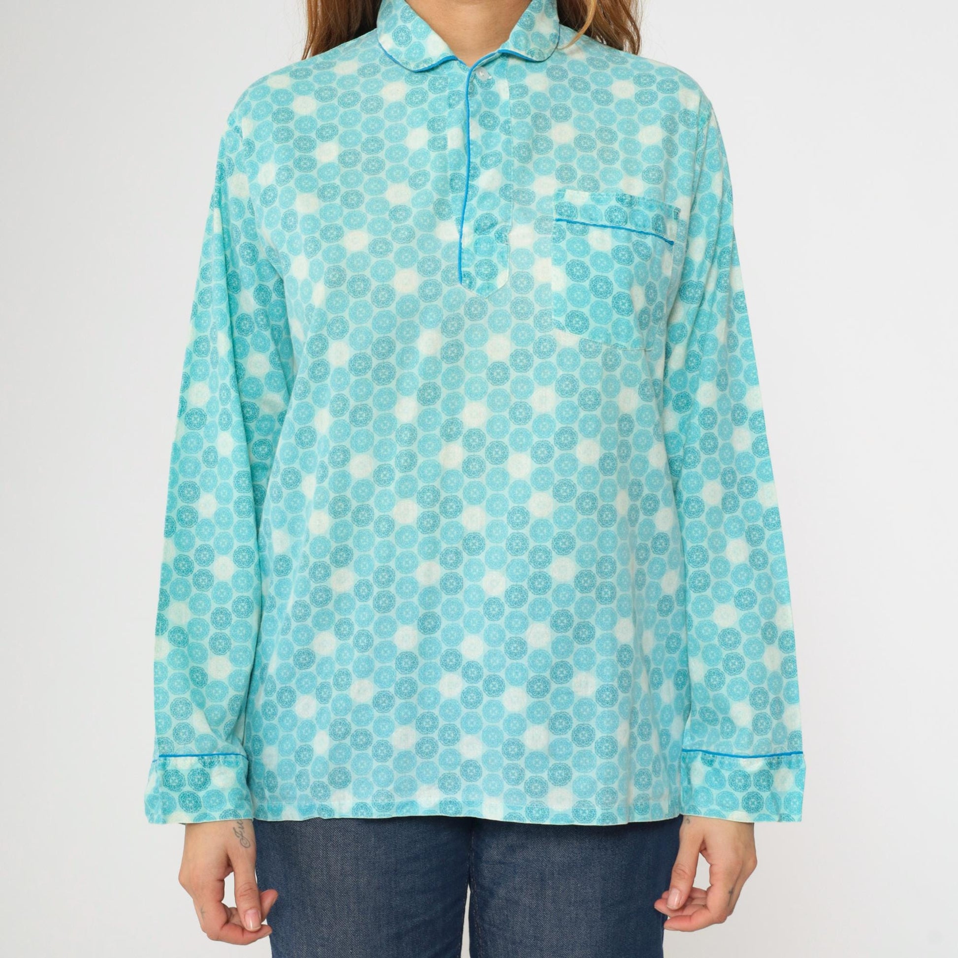 70s Kaynee Endura Press Pajama Shirt Blue Geometric Mandala Medium