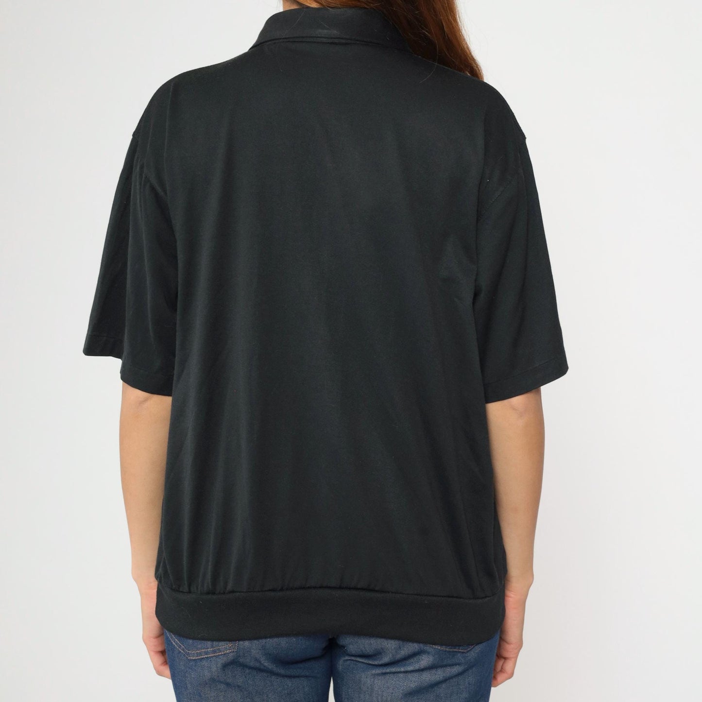 90s Black Polo Shirt Quarter Button Knit Yoke Banded Hem Men's Large L
