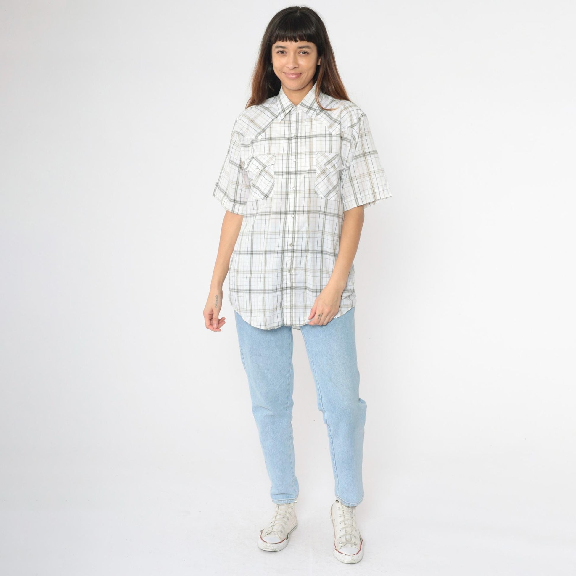 90s Plains Westernwear Pearl Snap Shirt White Plaid Short Sleeve Men's Medium