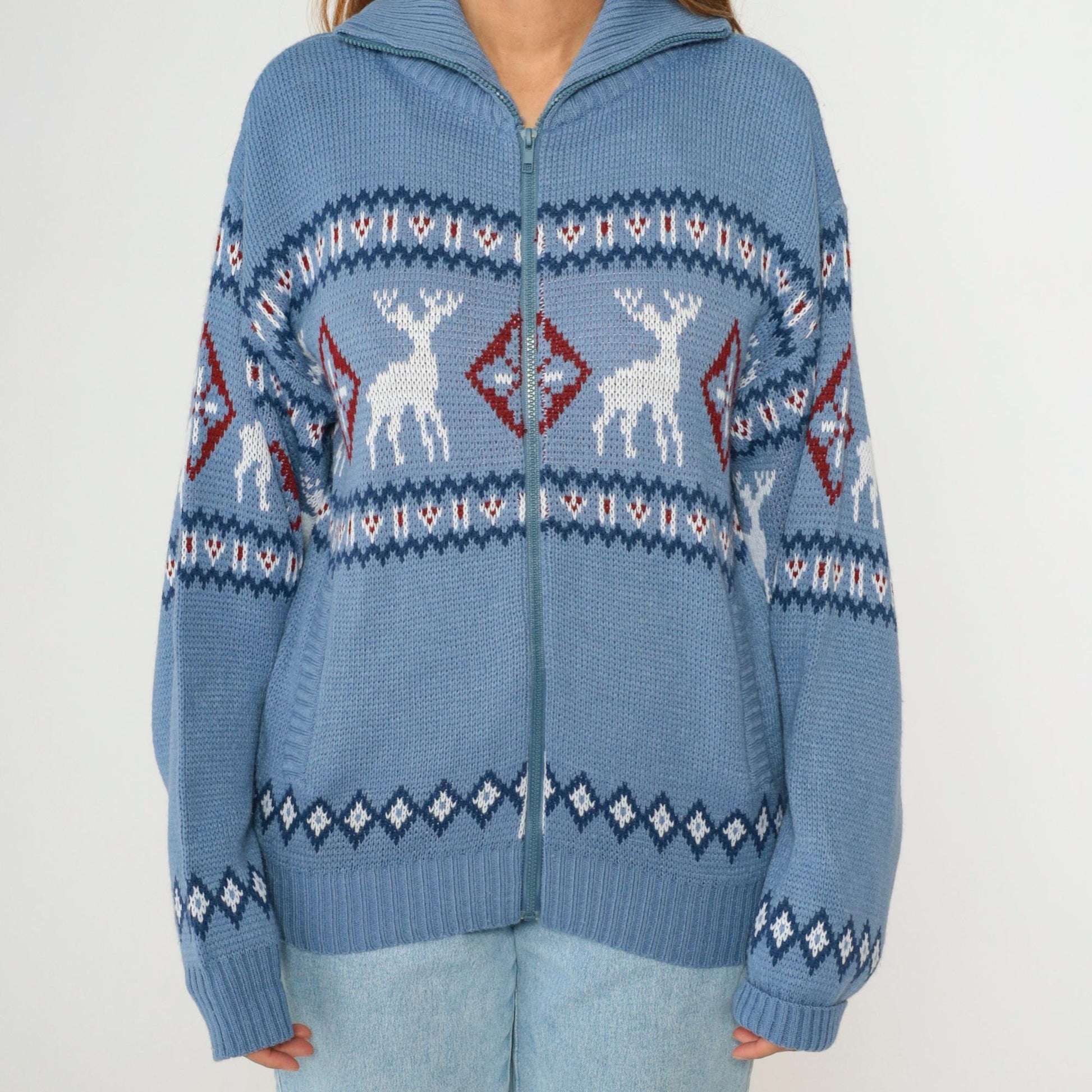 Y2K Fair Isle Reindeer Cardigan Blue Nordic Zip Knit Small S