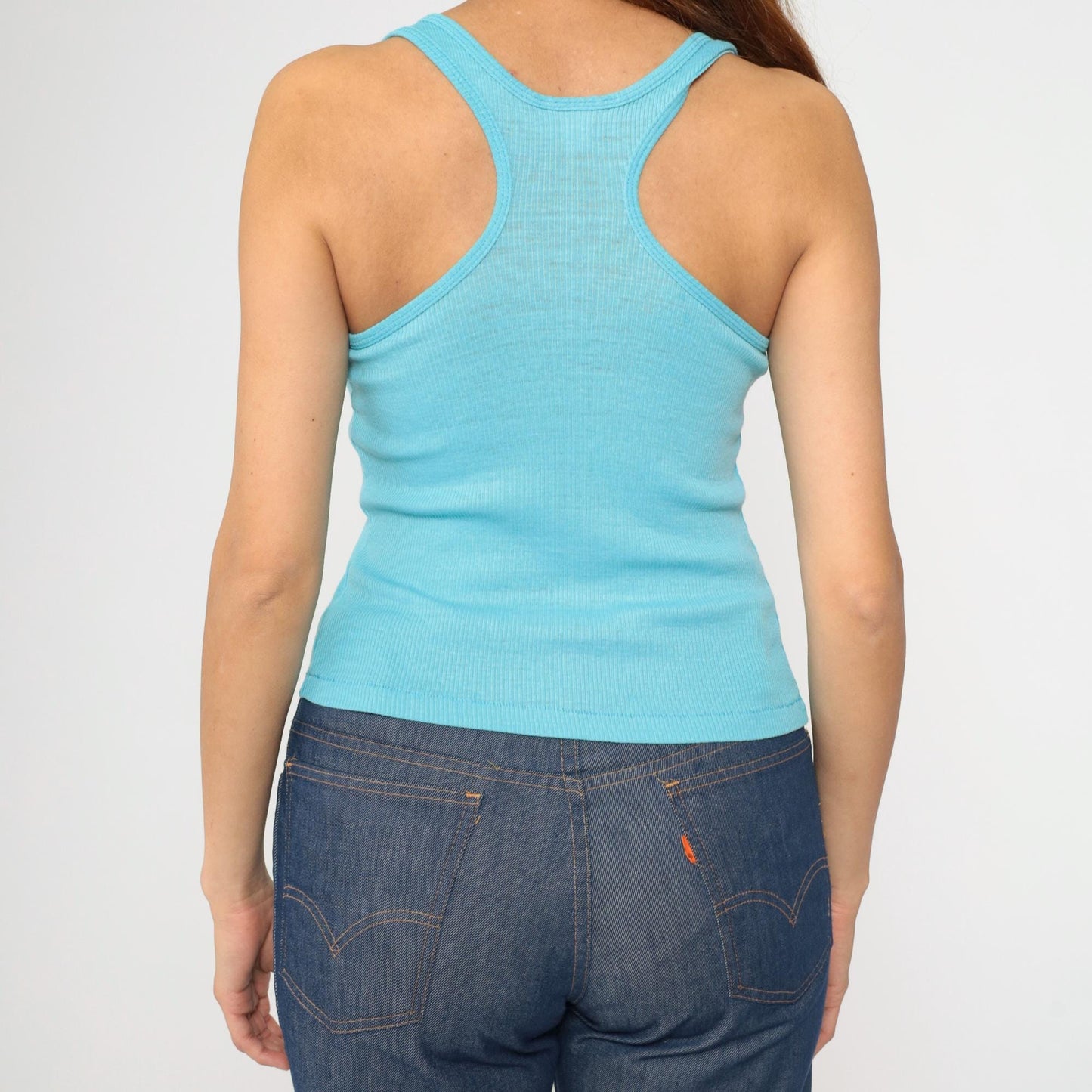 80s Bright Blue Racerback Tank Top Scoop Neck Single Stitch Small