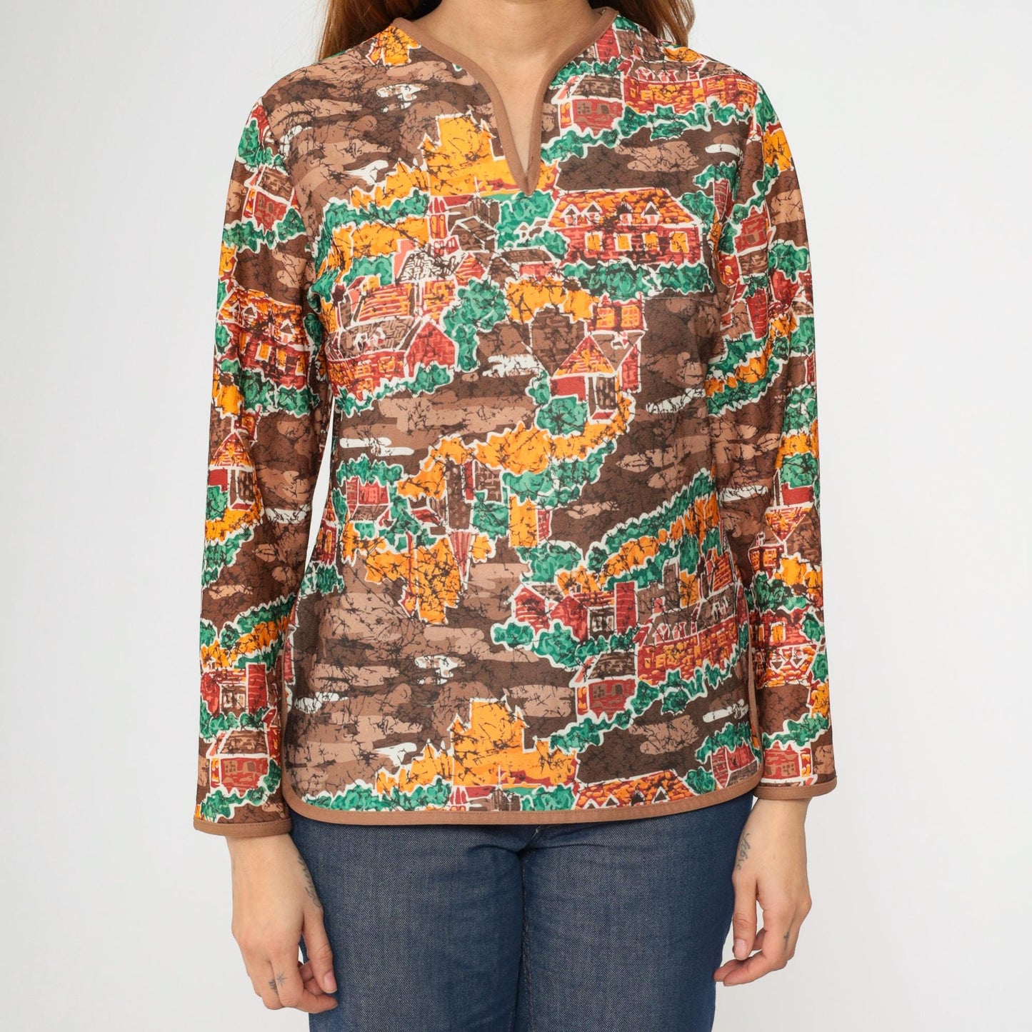 70s Village Print Shirt Brown Slit Neck Long Sleeve Blouse Medium M