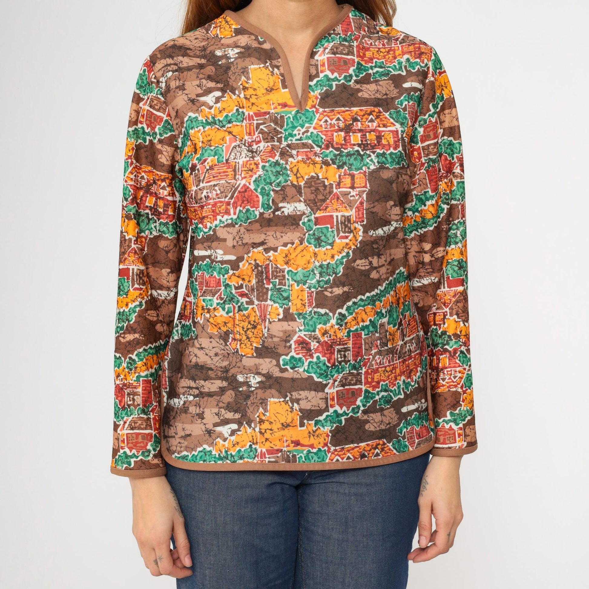 70s Village Print Shirt Brown Slit Neck Long Sleeve Blouse Medium M