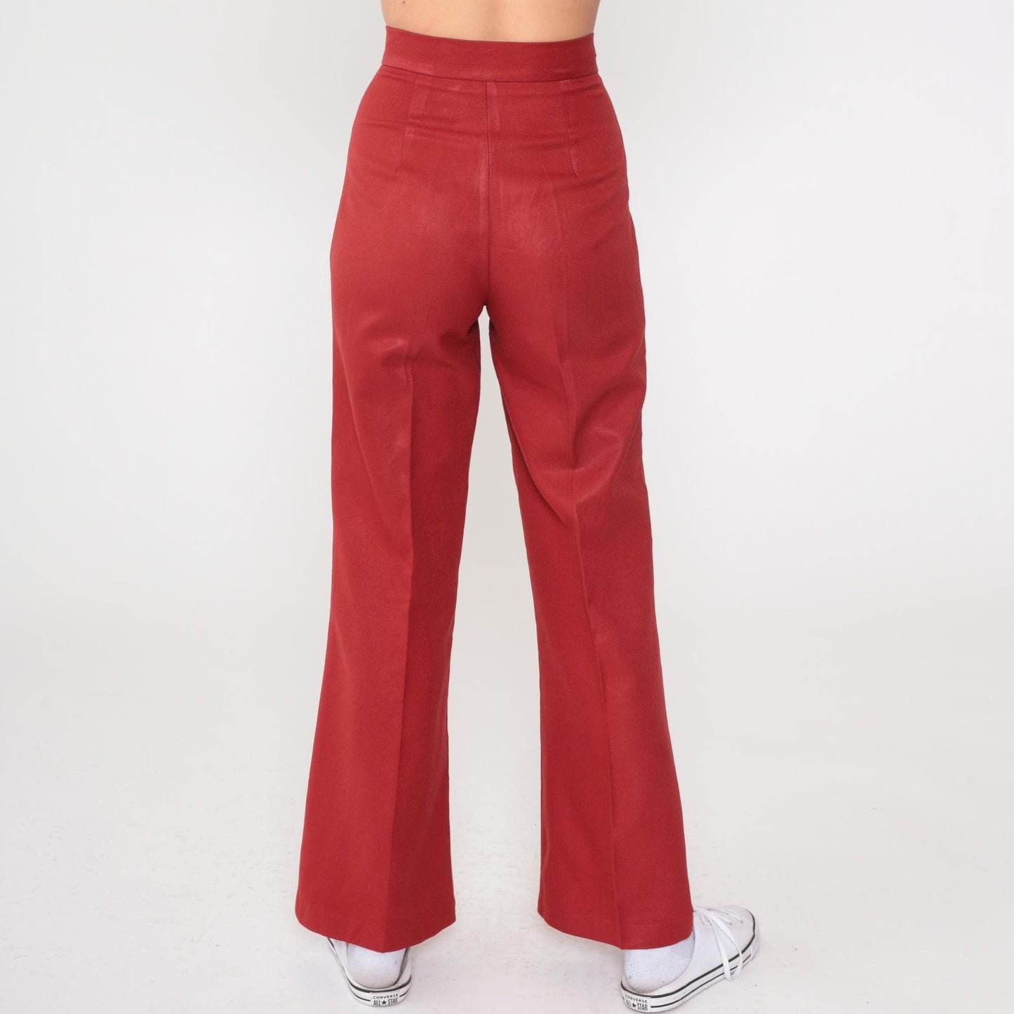 70s Red High-Waisted Flared Trousers Creased Leg Vintage Extra Small