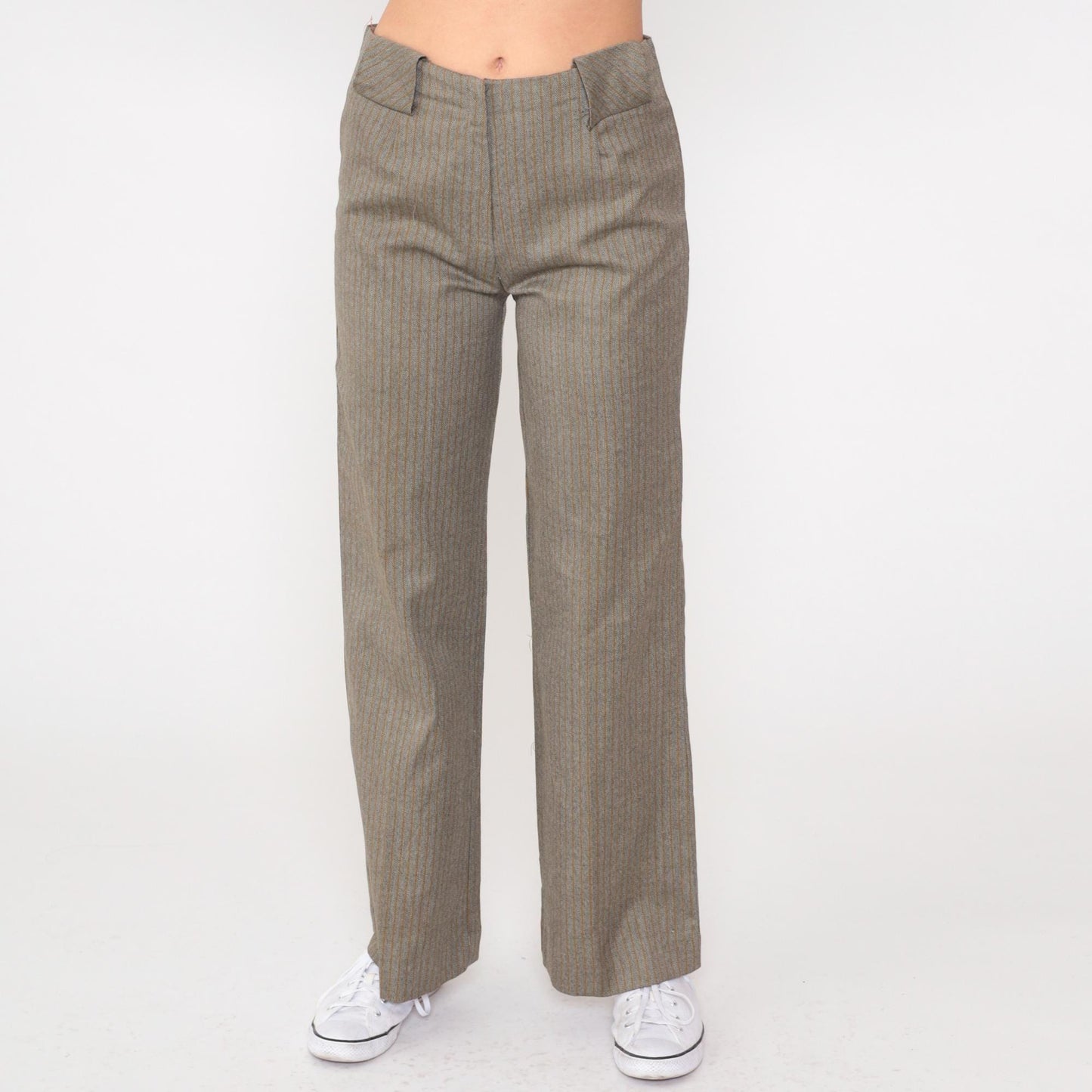 70s Grey Herringbone Pinstriped High-Rise Flare Pants Small