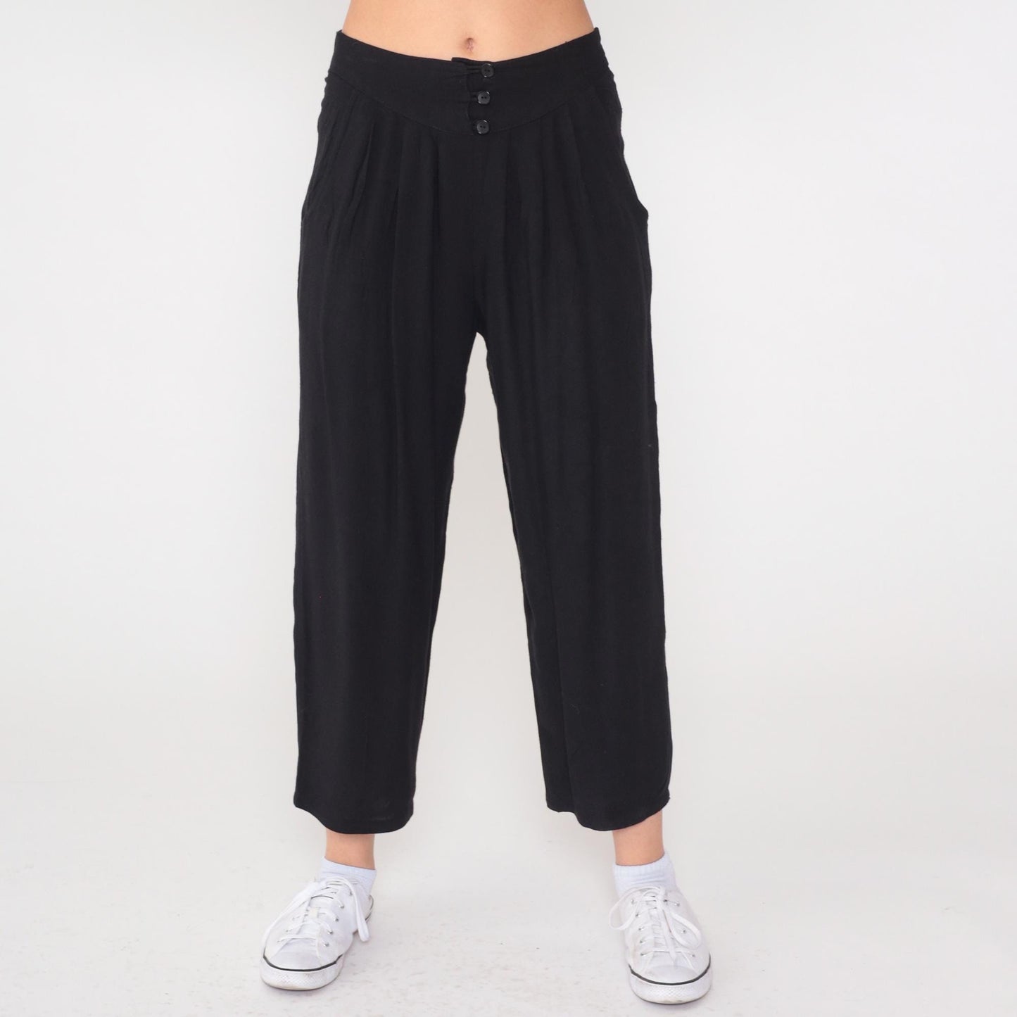 80s New Focus Black Pleated High-Waist Trousers Cropped Ankle XS