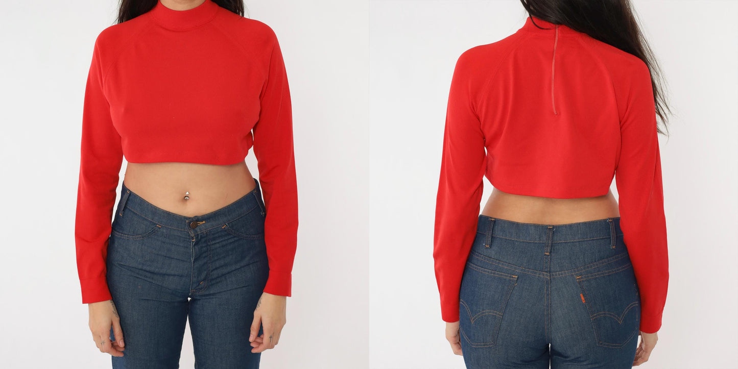 70s Red Crop Top Mock Neck Long Sleeve Nylon Knit Medium