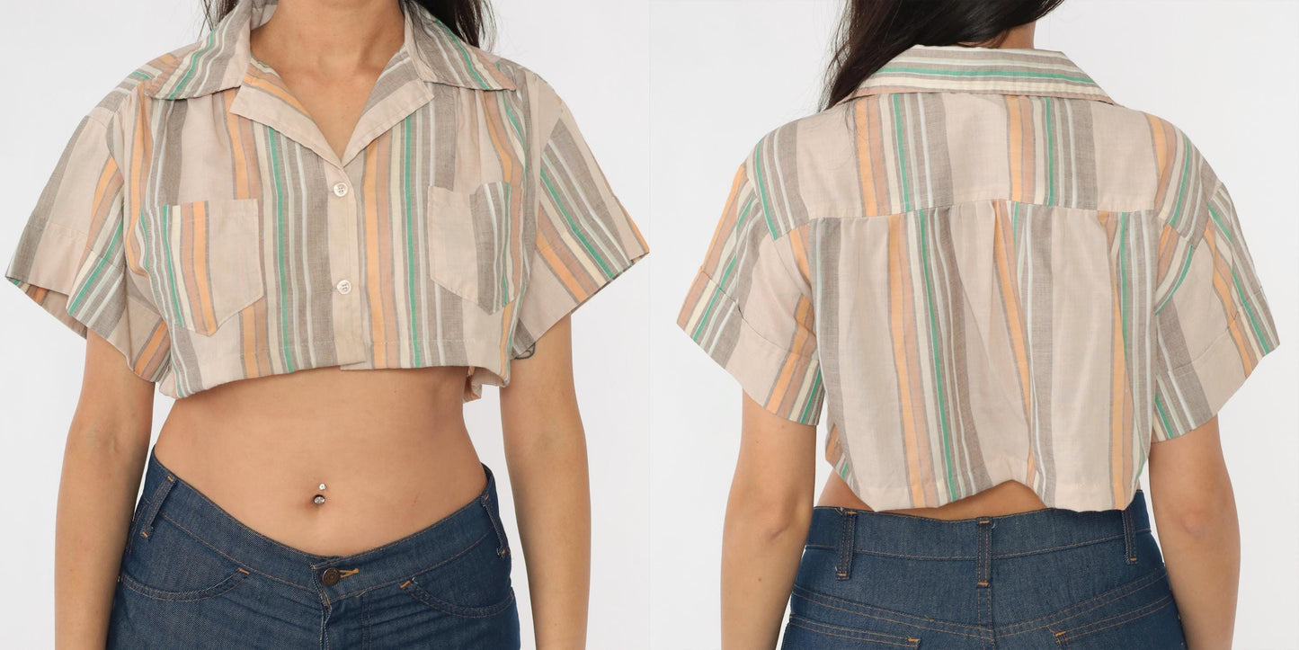 70s Striped Crop Blouse Tan Orange Green Button-Up Shirt Small Medium