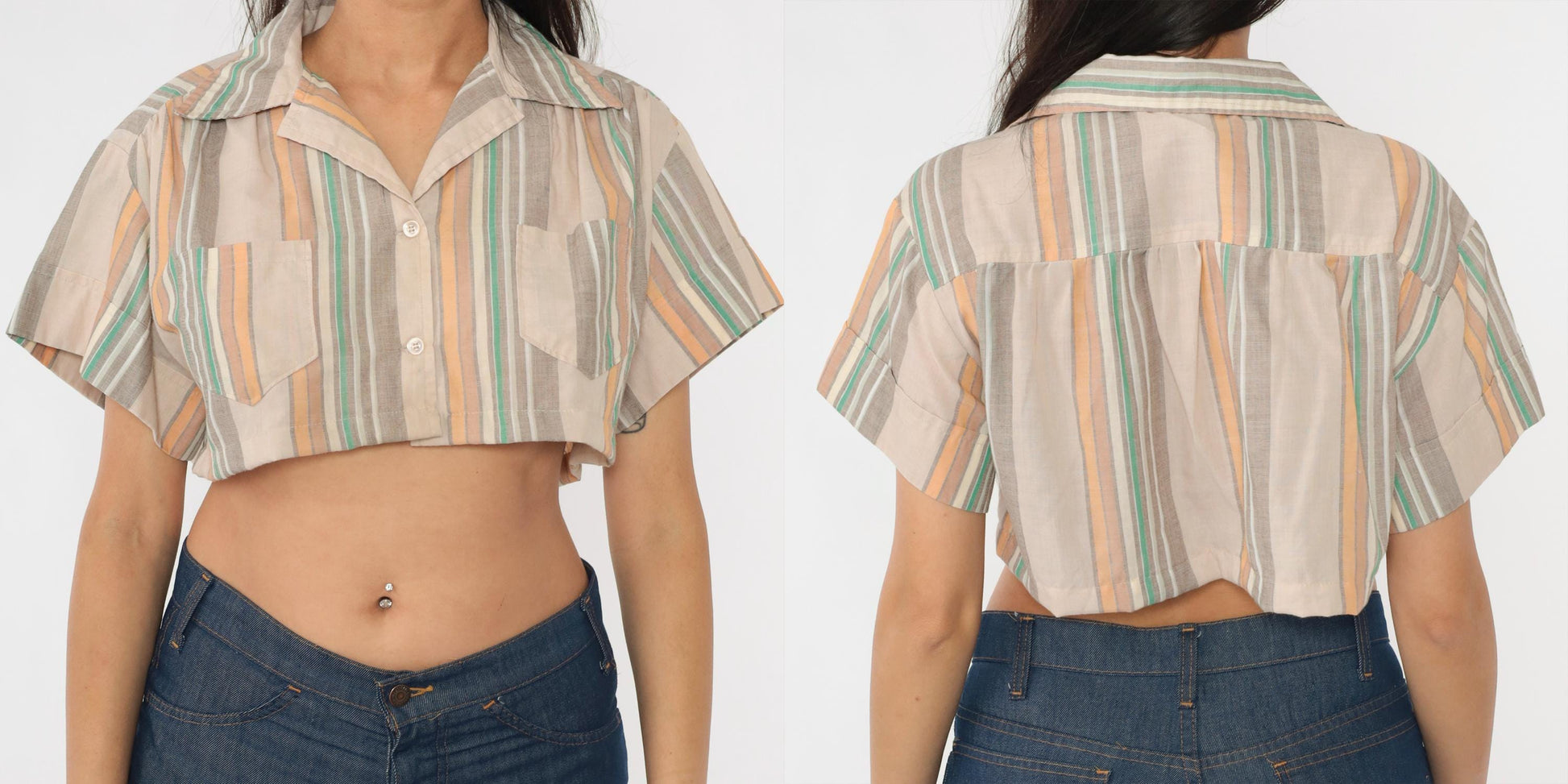 70s Striped Crop Blouse Tan Orange Green Button-Up Shirt Small Medium