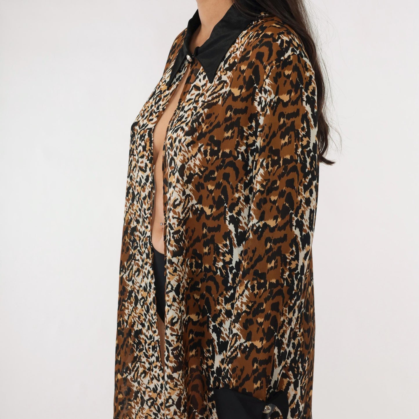 90s Leopard Print Jacket Black Collar Longline Open Front Small Medium