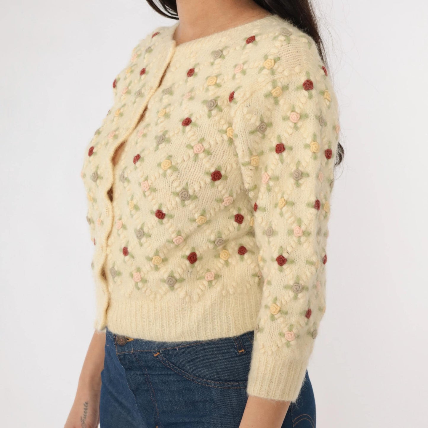 60s Wool Cardigan Cream Floral Embroidery Cropped 3/4 Sleeve Extra Small