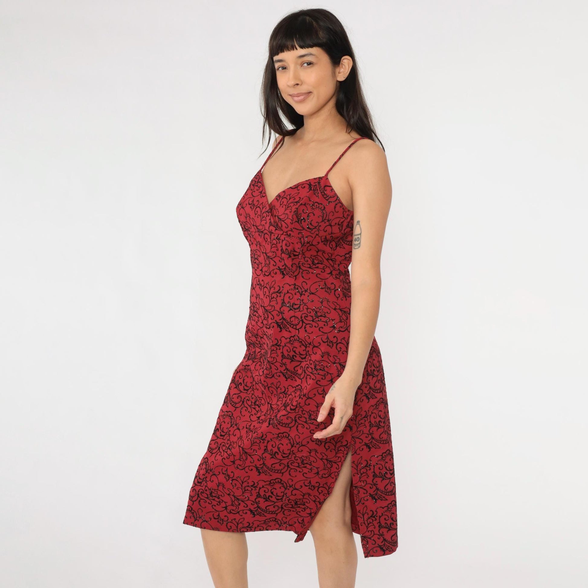 90s La Belle Red Floral Midi Dress Glittery Flocked Empire Waist Medium