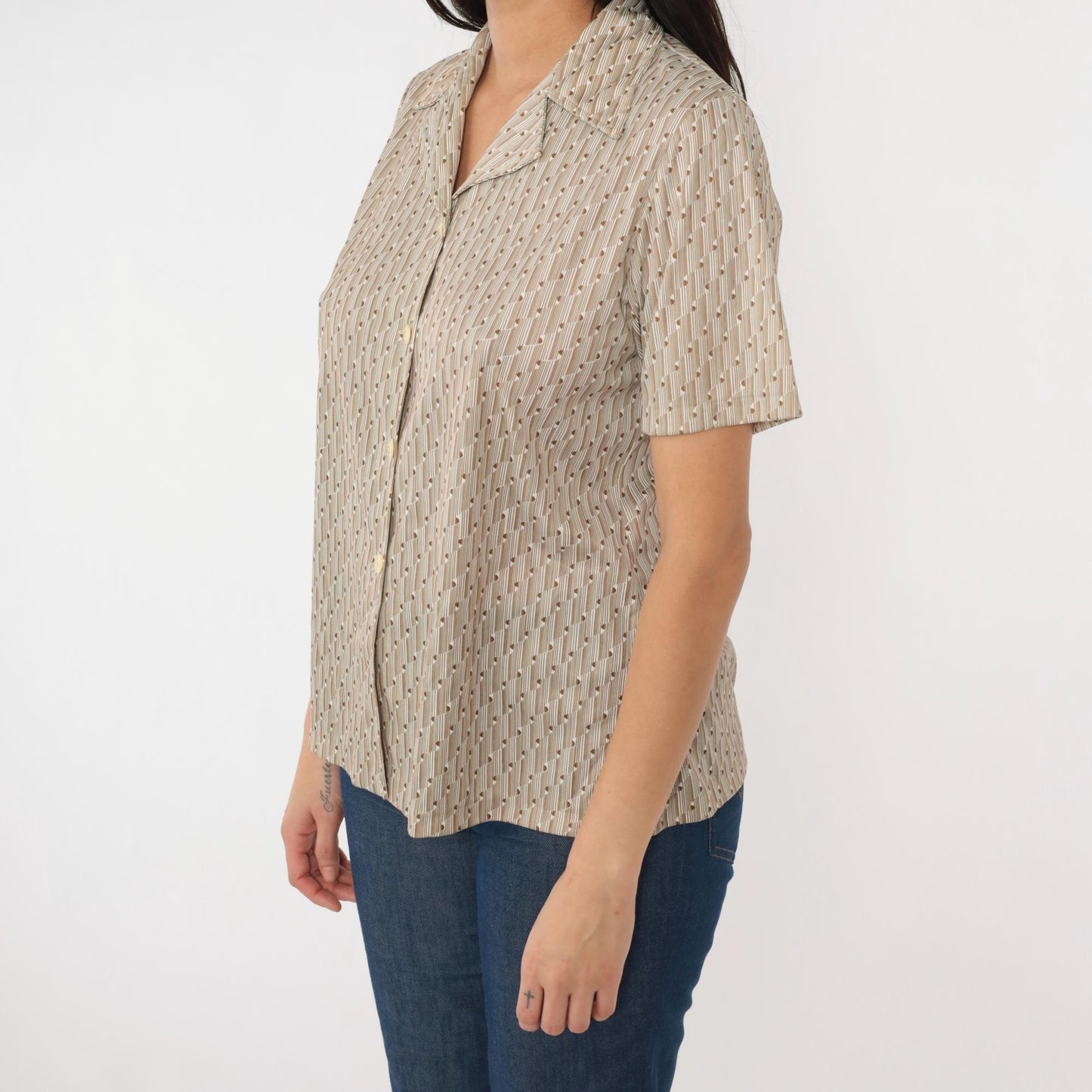 70s Op Art Geometric Blouse White Brown Disco Shirt Short Sleeve Medium