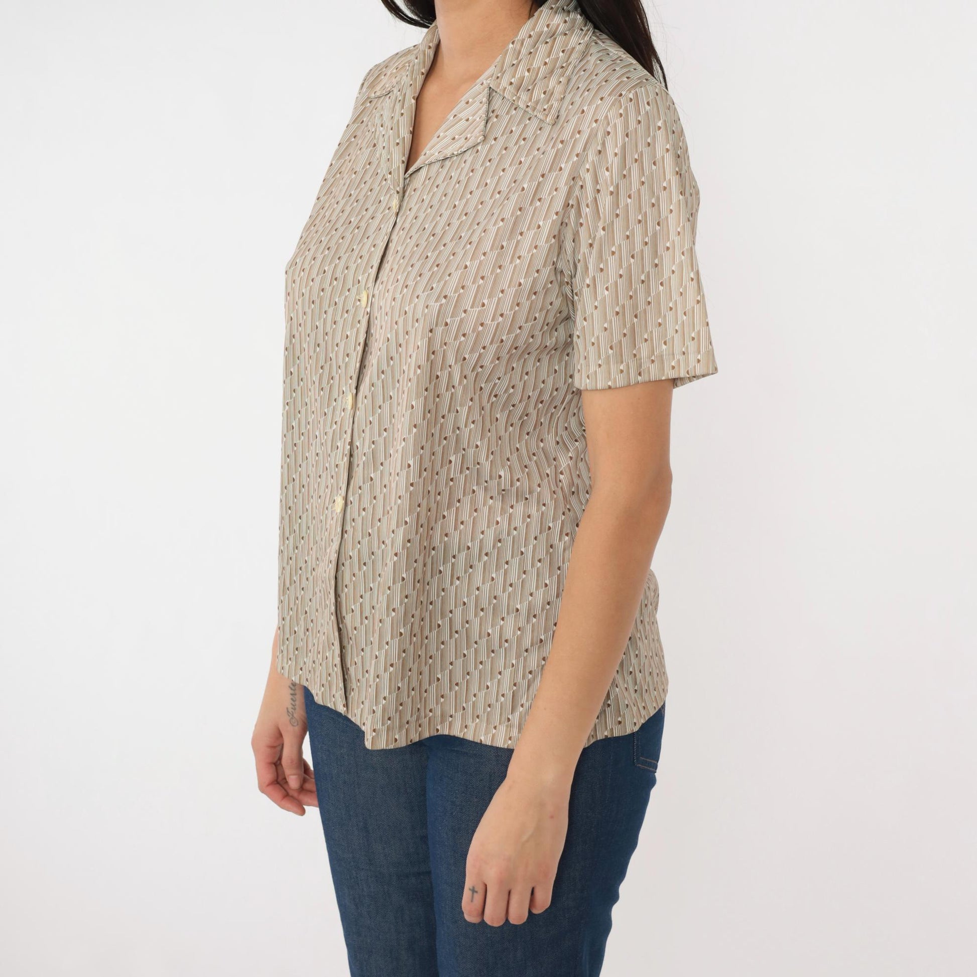 70s Op Art Geometric Blouse White Brown Disco Shirt Short Sleeve Medium