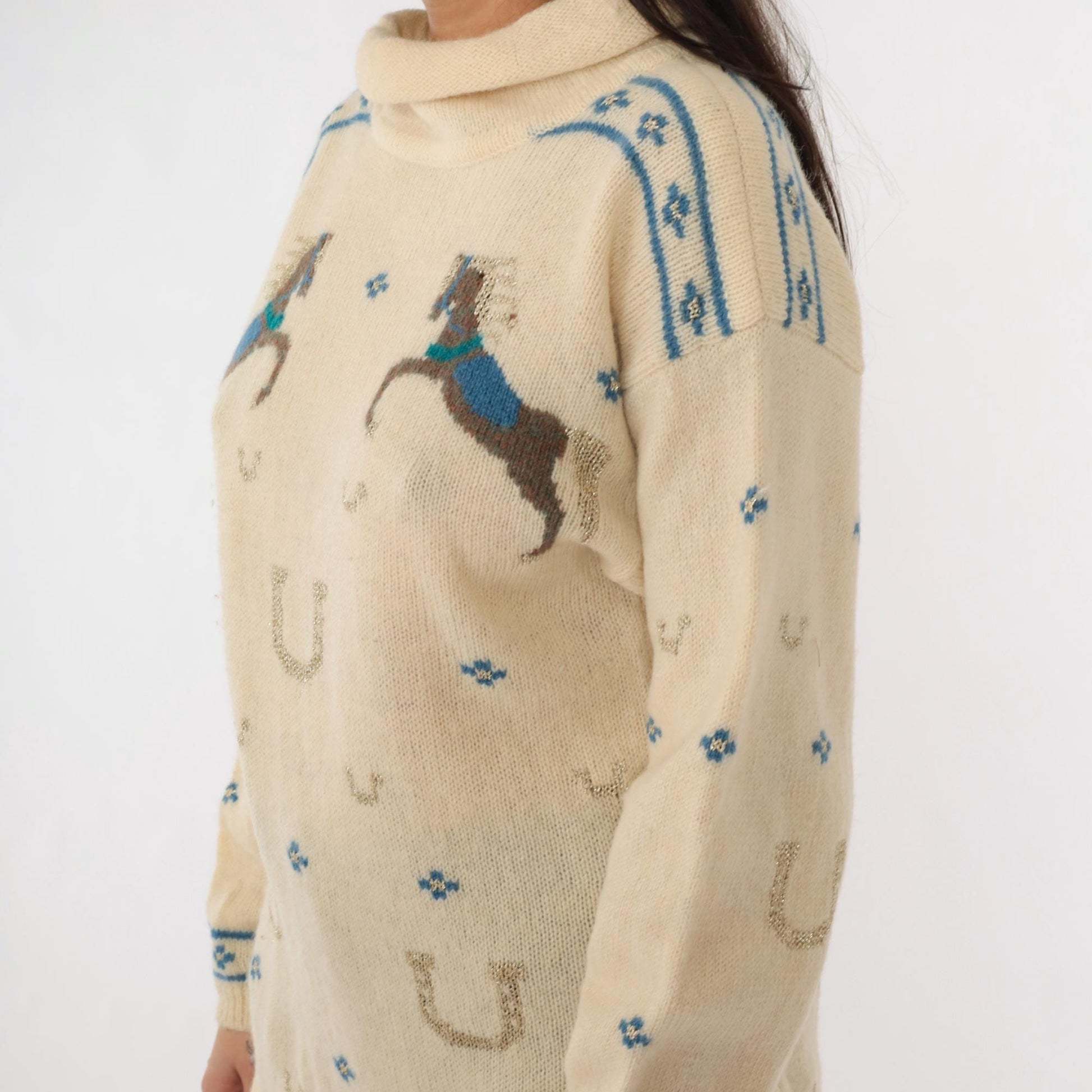 80s Kristin for Millers Wool Horse Sweater Cream Mock Neck Equestrian Medium