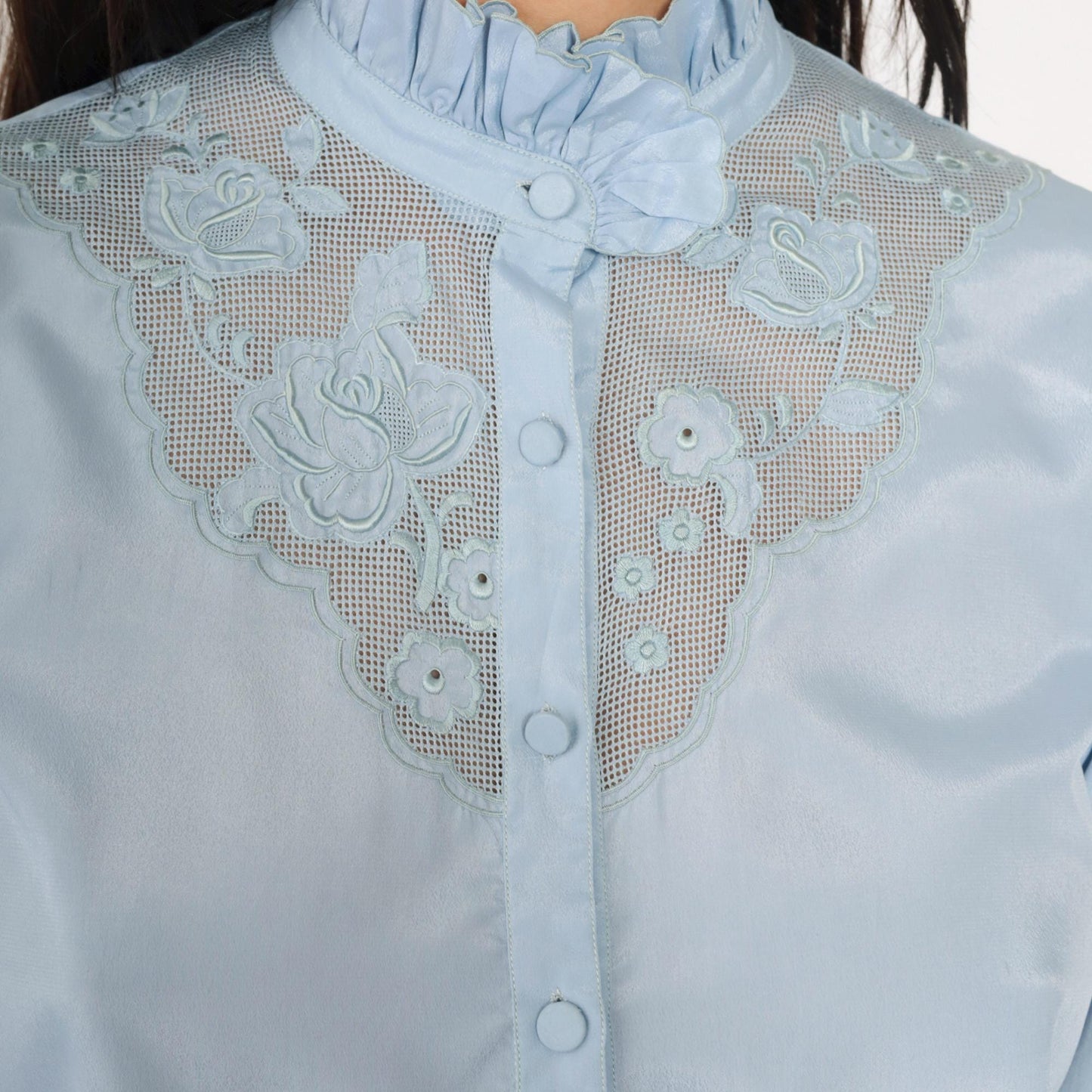 80s Light Blue Victorian Crop Top Puff Sleeve Button Up Blouse Small Medium
