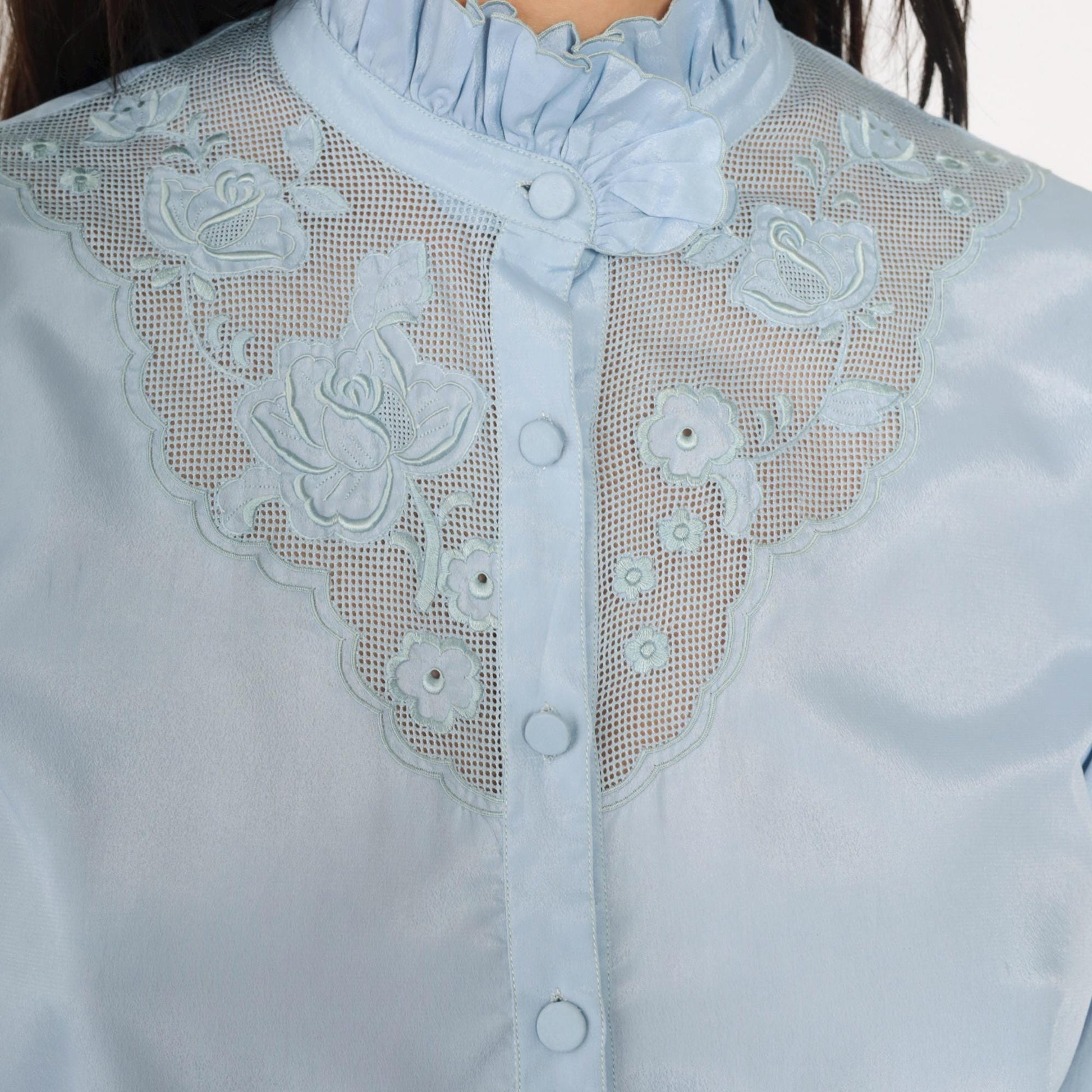 80s Light Blue Victorian Crop Top Puff Sleeve Button Up Blouse Small Medium