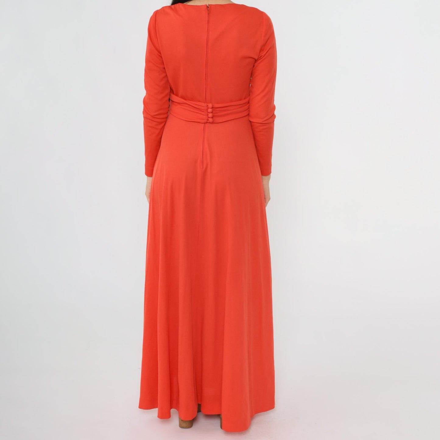 70s Grecian Maxi Dress Red-Orange Wrap Front V-Neck Long Sleeve Medium