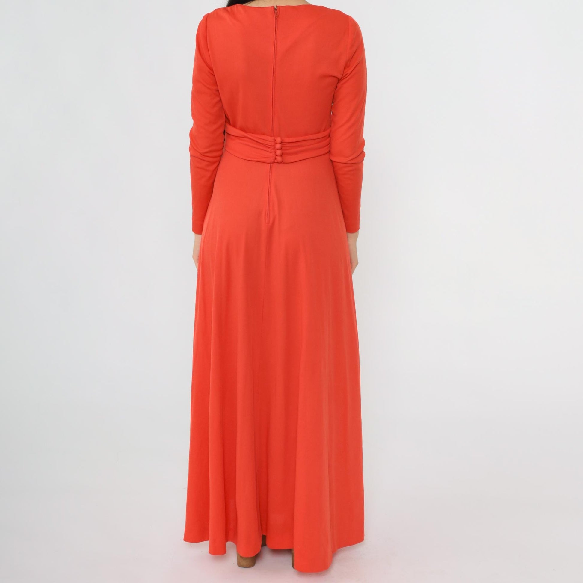 70s Grecian Maxi Dress Red-Orange Wrap Front V-Neck Long Sleeve Medium