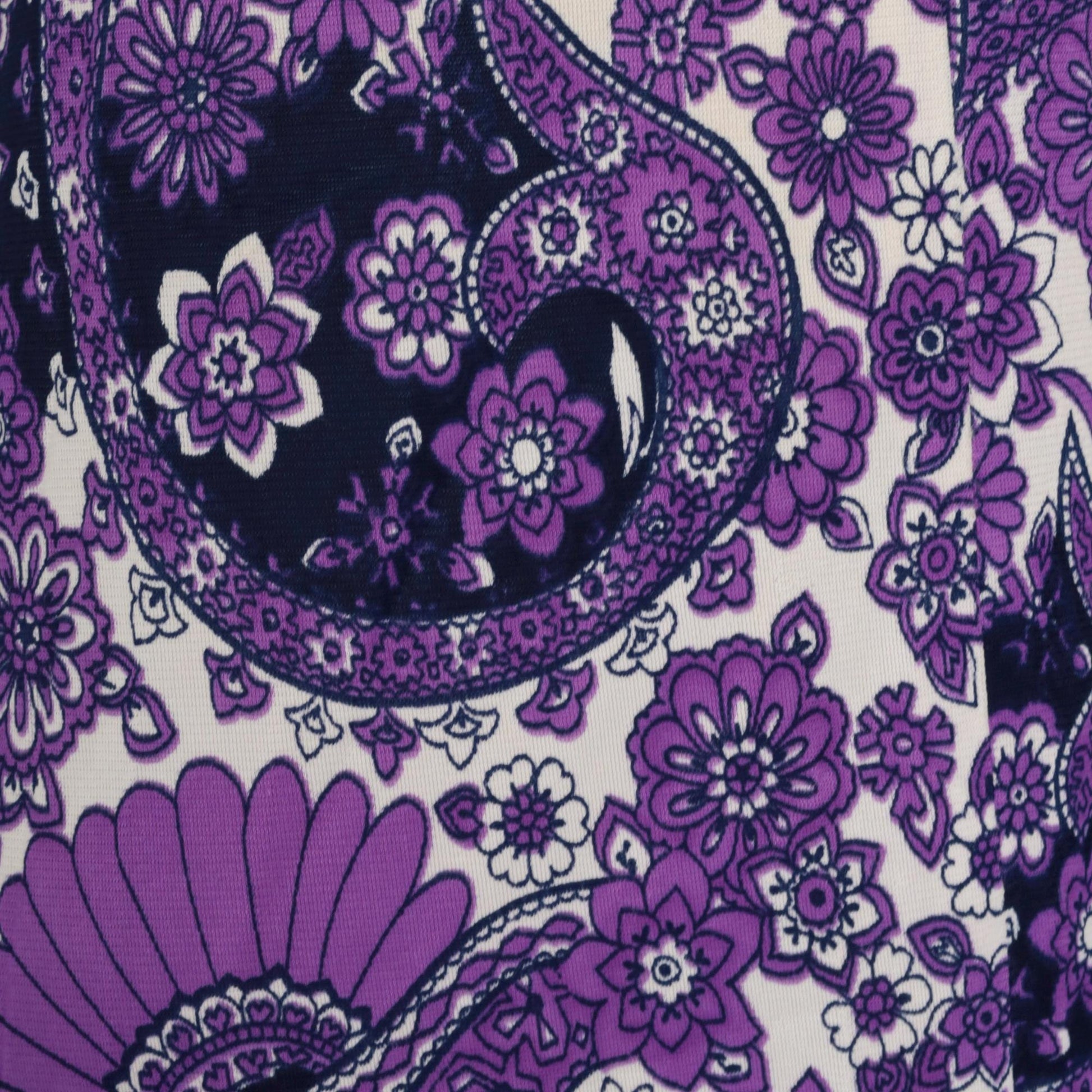 70s Purple Paisley Floral Maxi Dress Empire Waist V Neck Long Sleeve Medium