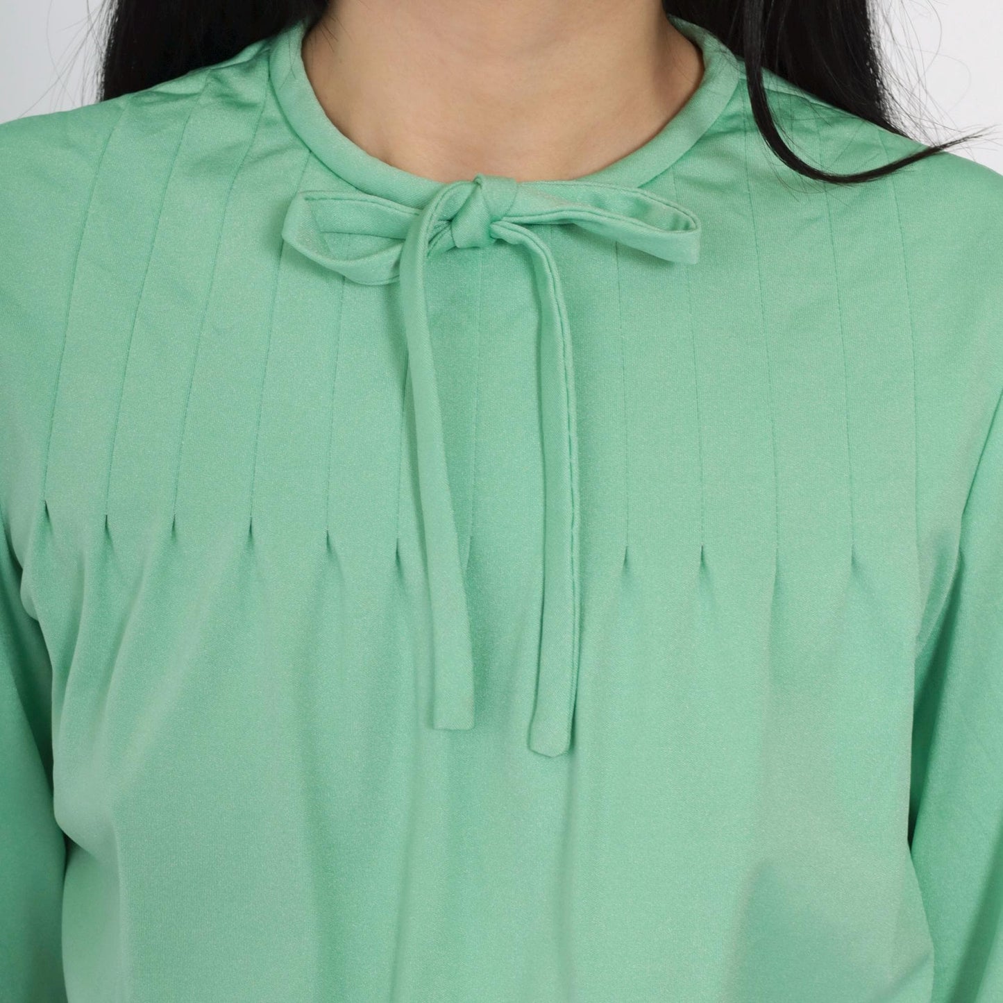 70s Mint Green Midi Dress Tie Neck Pin Tuck Long Sleeve Small
