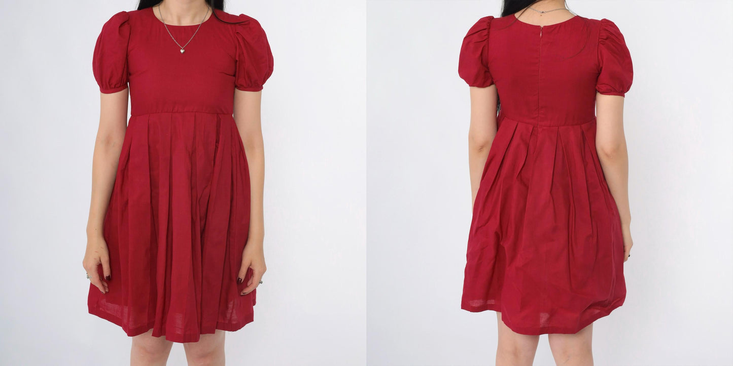 80s Burgundy Puff Sleeve Mini Dress High Waist Pleated Babydoll XXS