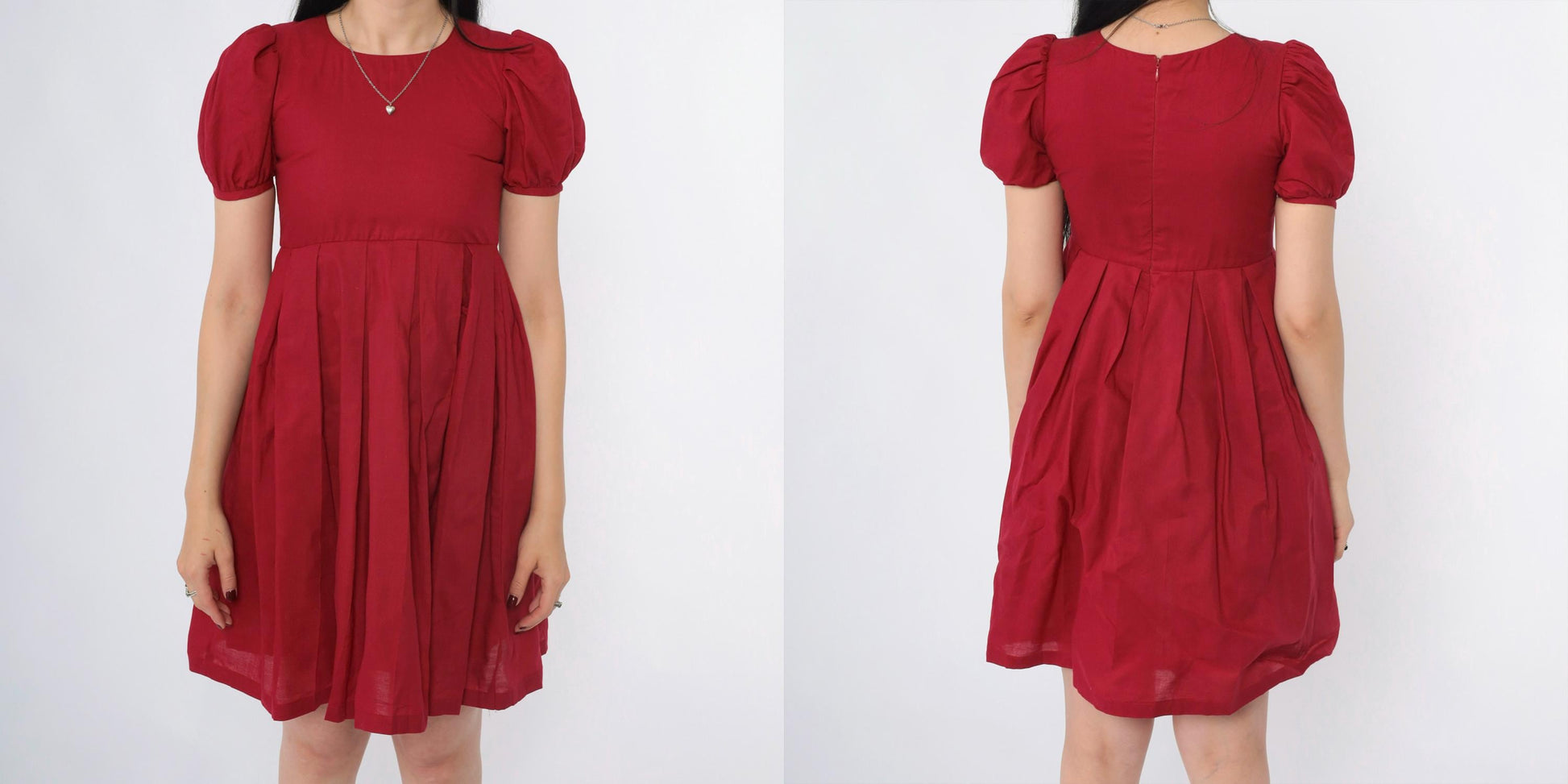 80s Burgundy Puff Sleeve Mini Dress High Waist Pleated Babydoll XXS