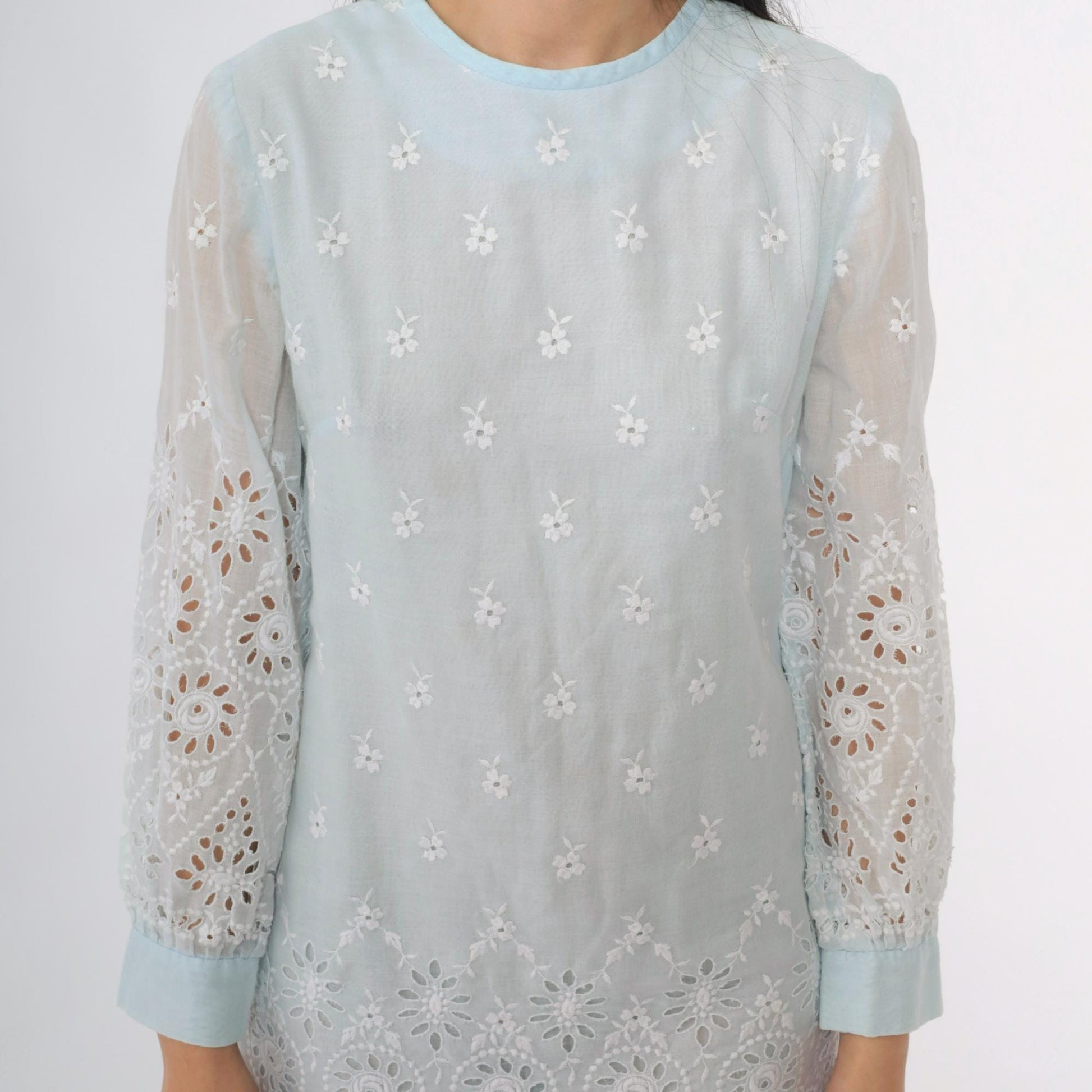 60s Howard Wolf Baby Blue Eyelet Lace Mini Dress Long Sleeve Small S