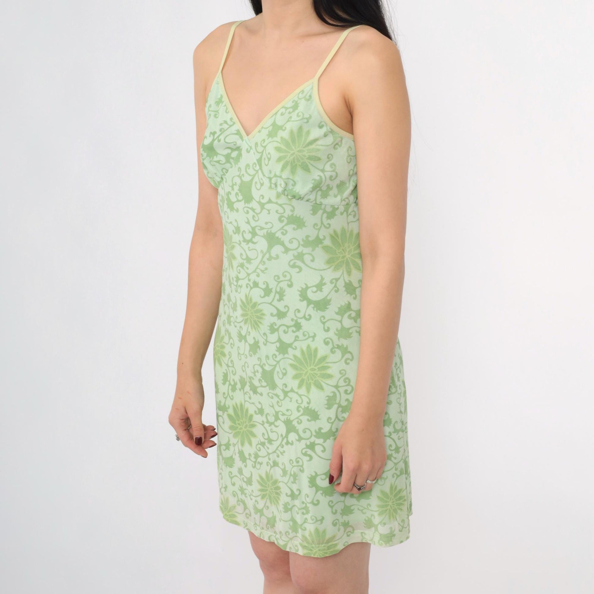Y2K Green Floral Mesh Mini Dress Spaghetti Strap Empire Waist Small