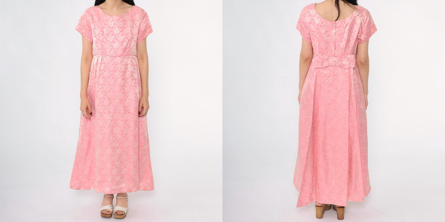 1960s Pink Floral Brocade Maxi Dress Bow Back High Waist Short Sleeve Medium