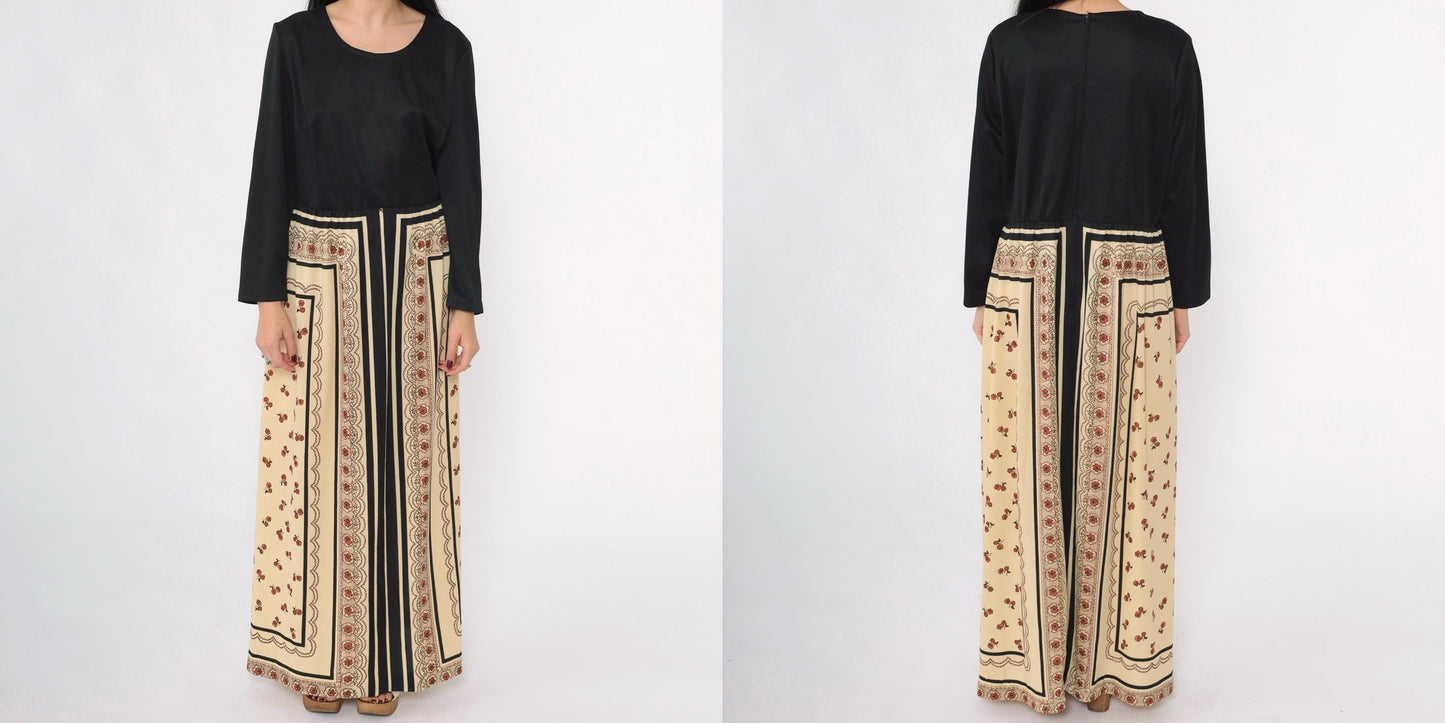 70s Lorac Original Floral Maxi Dress Black Scarf Print High Waist Long Sleeve Extra Large