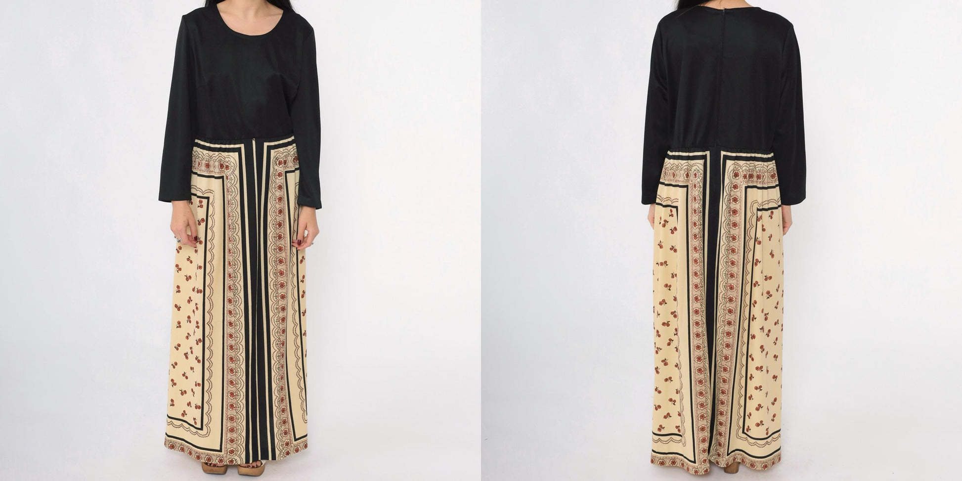 70s Lorac Original Floral Maxi Dress Black Scarf Print High Waist Long Sleeve Extra Large