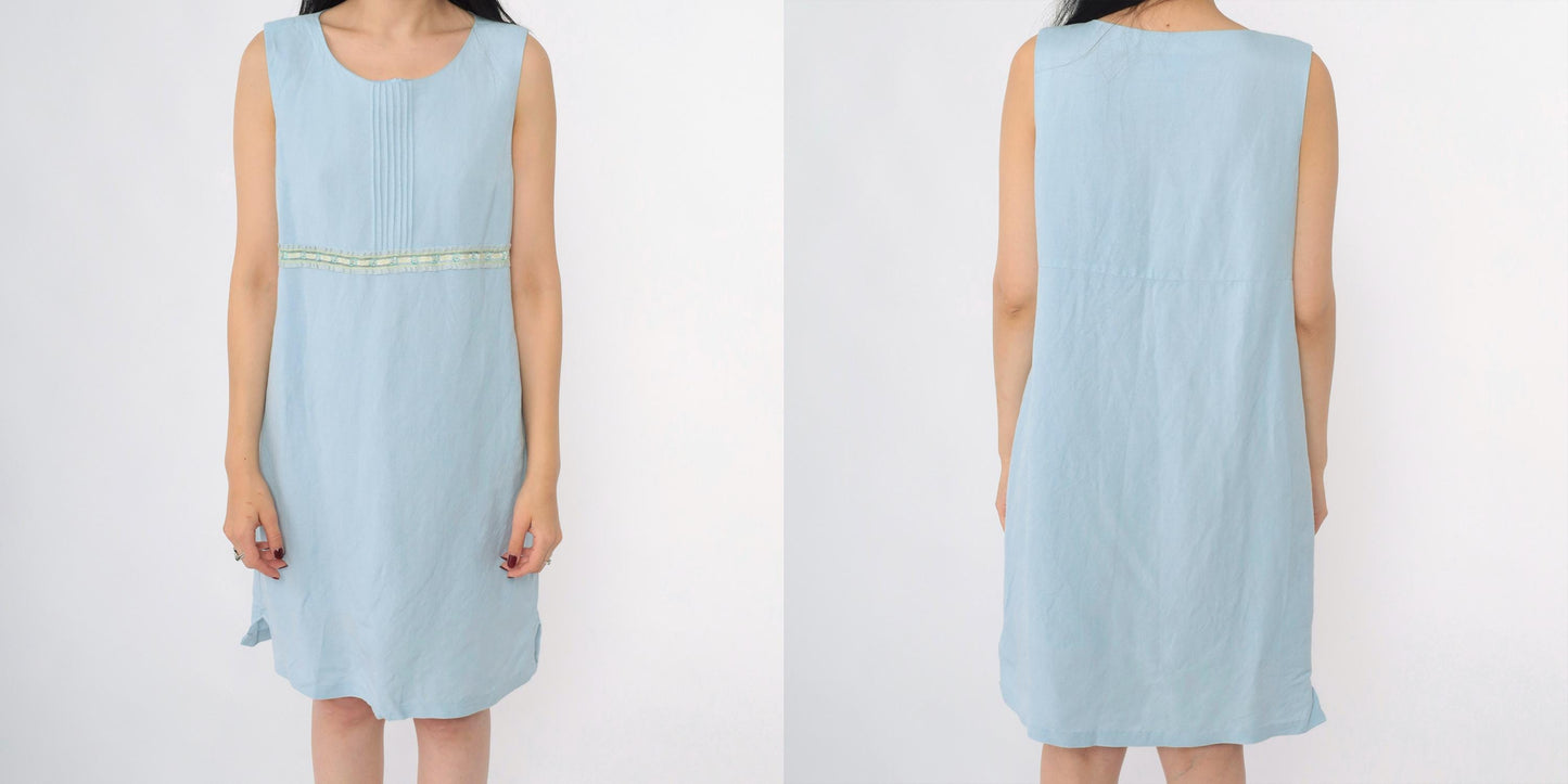 Y2K Coldwater Creek Powder Blue Linen Shift Dress Pintuck Ribbon Trim Petite 12