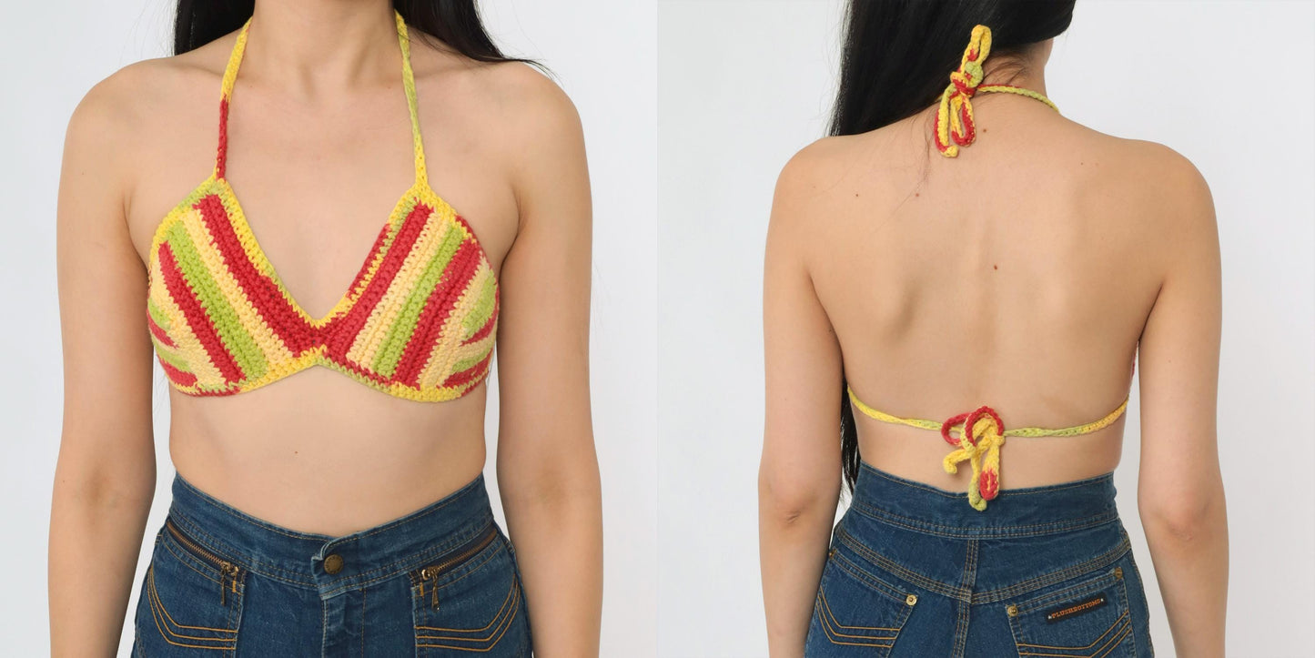 Y2K Striped Crochet Halter Bikini Top Red Yellow Green Triangle Crop Extra Small