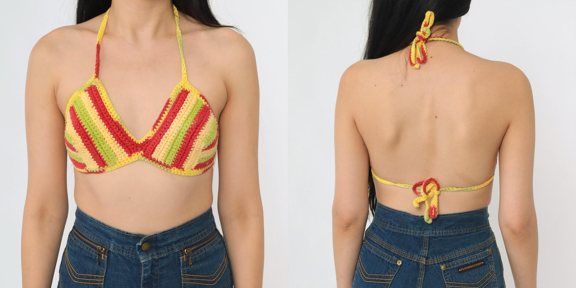 Y2K Striped Crochet Halter Bikini Top Red Yellow Green Triangle Crop Extra Small