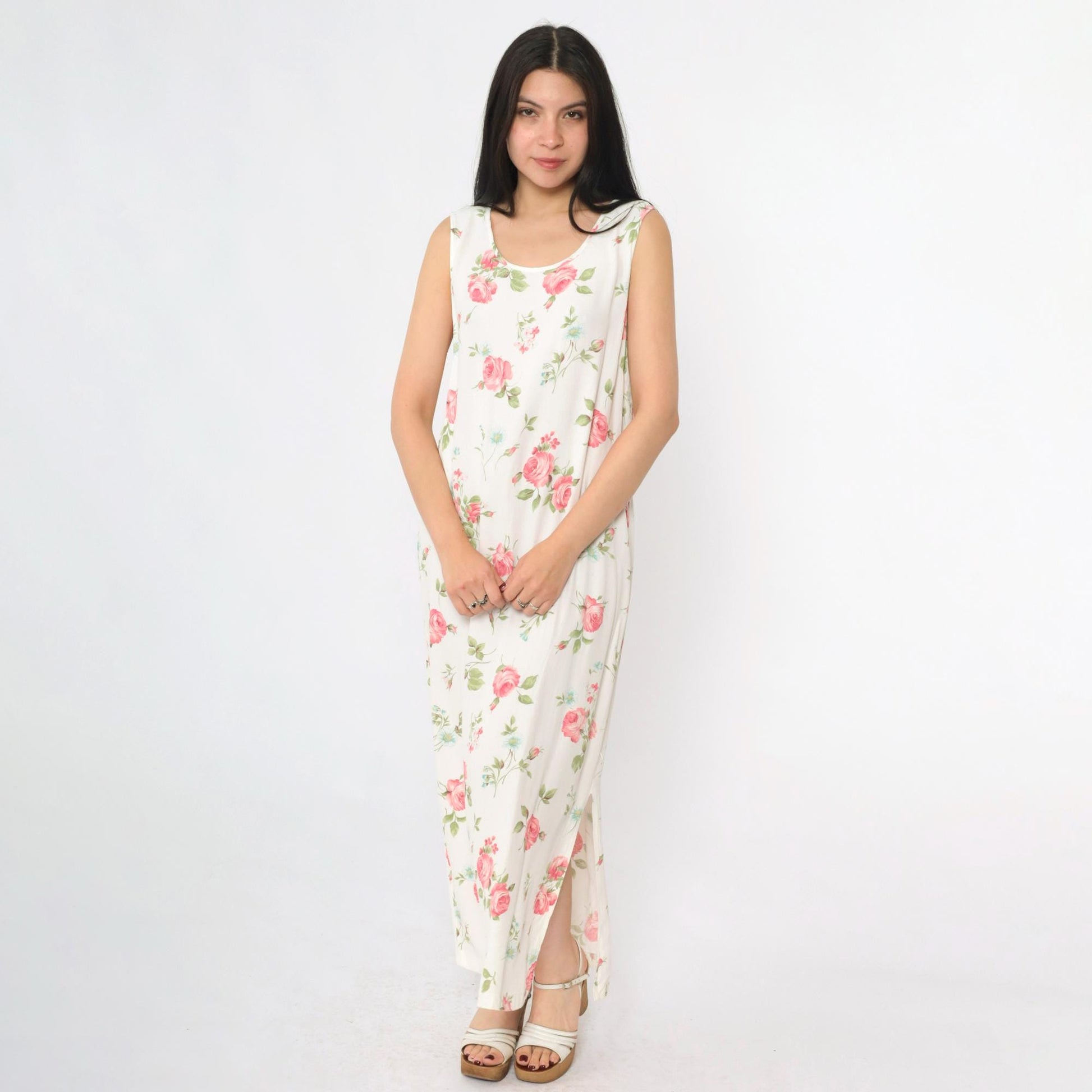 90s Pink Floral White Maxi Dress Sleeveless Scoop Neck Side Slit Medium