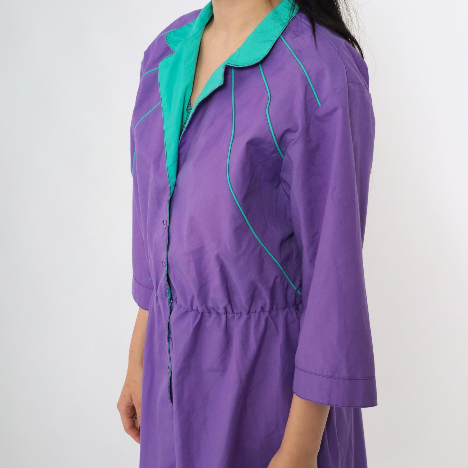 80s Purple Shirtdress Turquoise Collar Midi Button-Up High Waist Medium