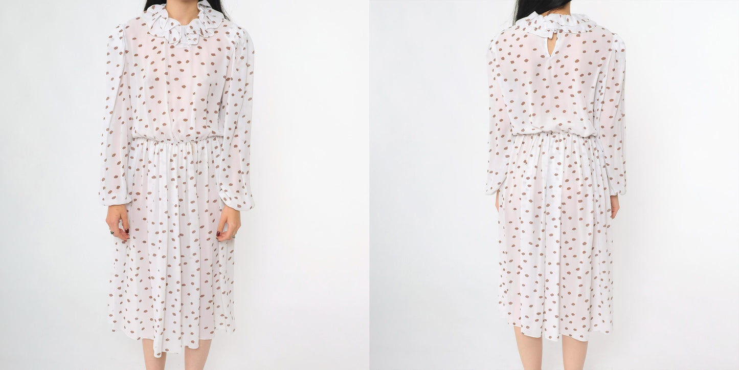 80s White Polka Dot Midi Dress Puff Sleeve Ruffled Collar High Waist Medium