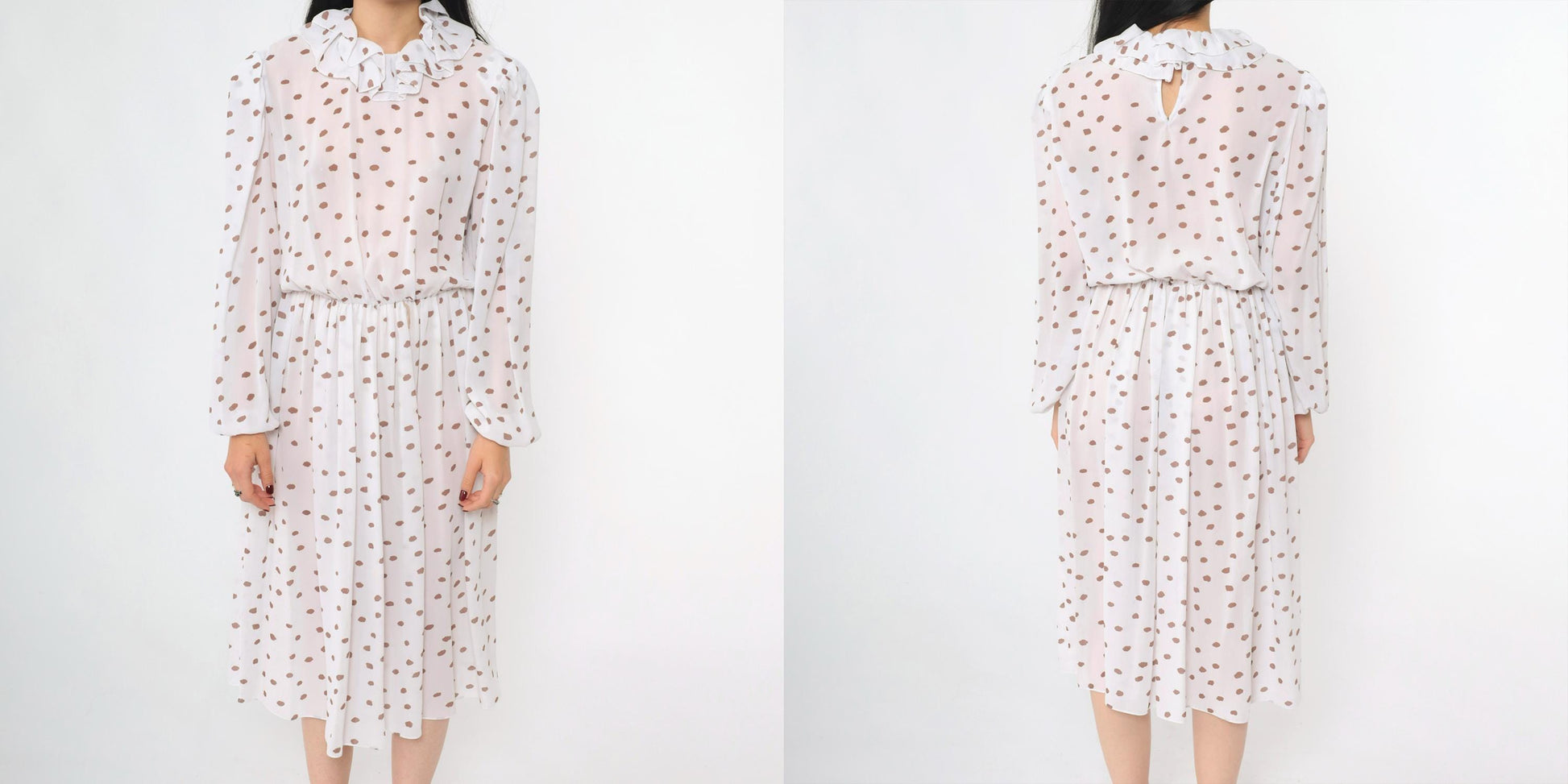 80s White Polka Dot Midi Dress Puff Sleeve Ruffled Collar High Waist Medium