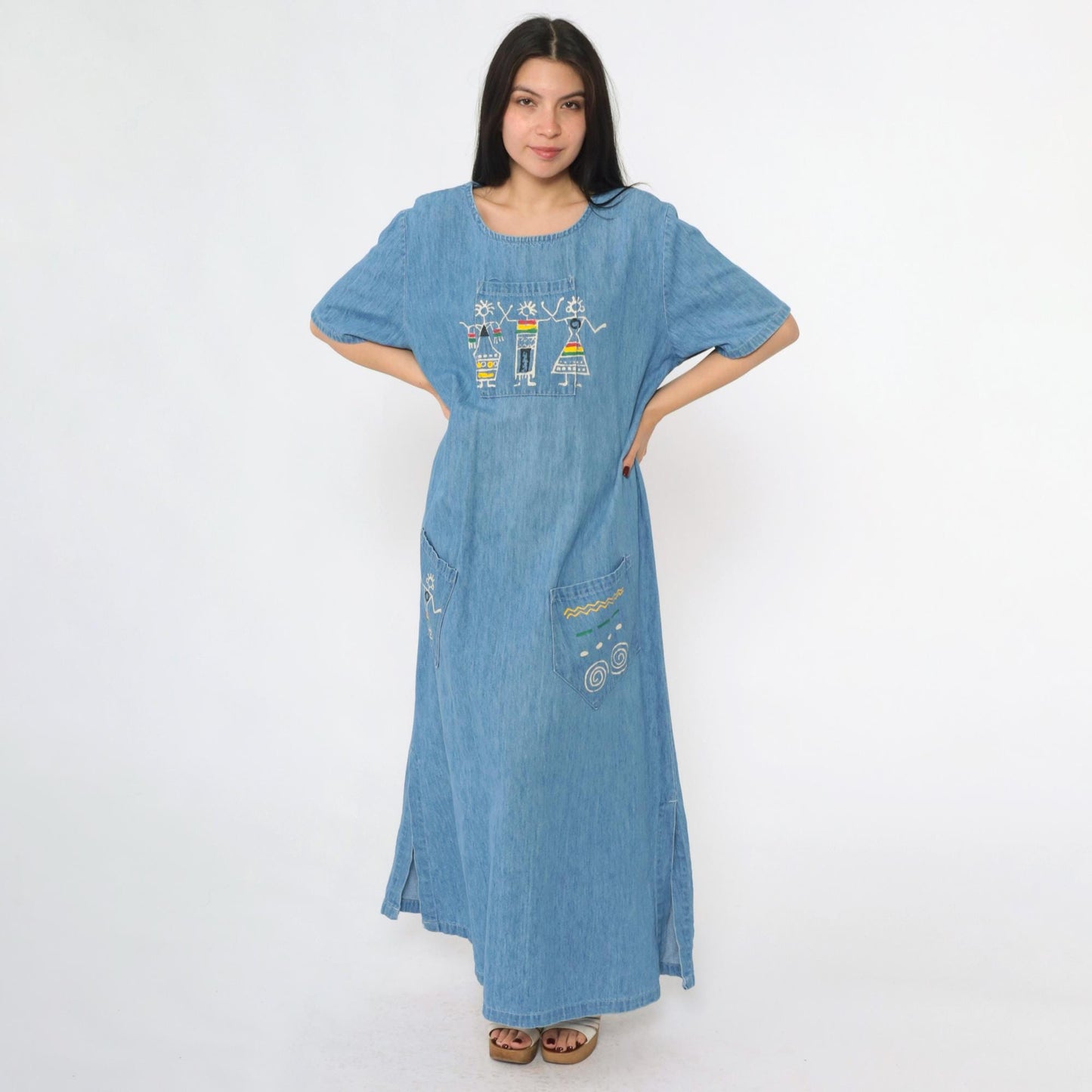 90s Over Charge Blue Denim Maxi Dress Reggae Graphic Short Sleeve Medium M