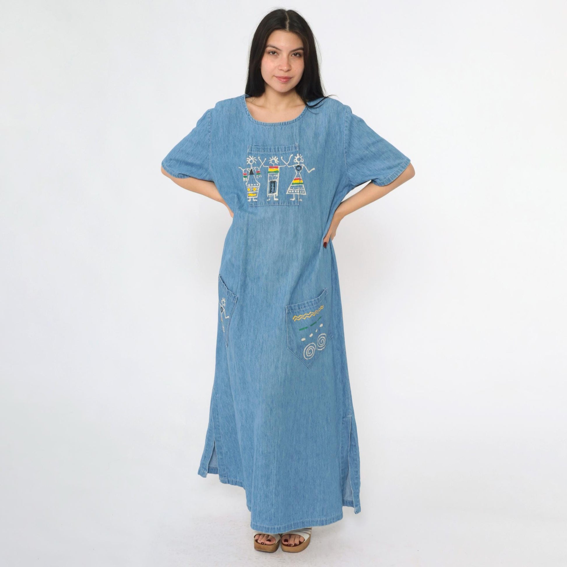 90s Over Charge Blue Denim Maxi Dress Reggae Graphic Short Sleeve Medium M