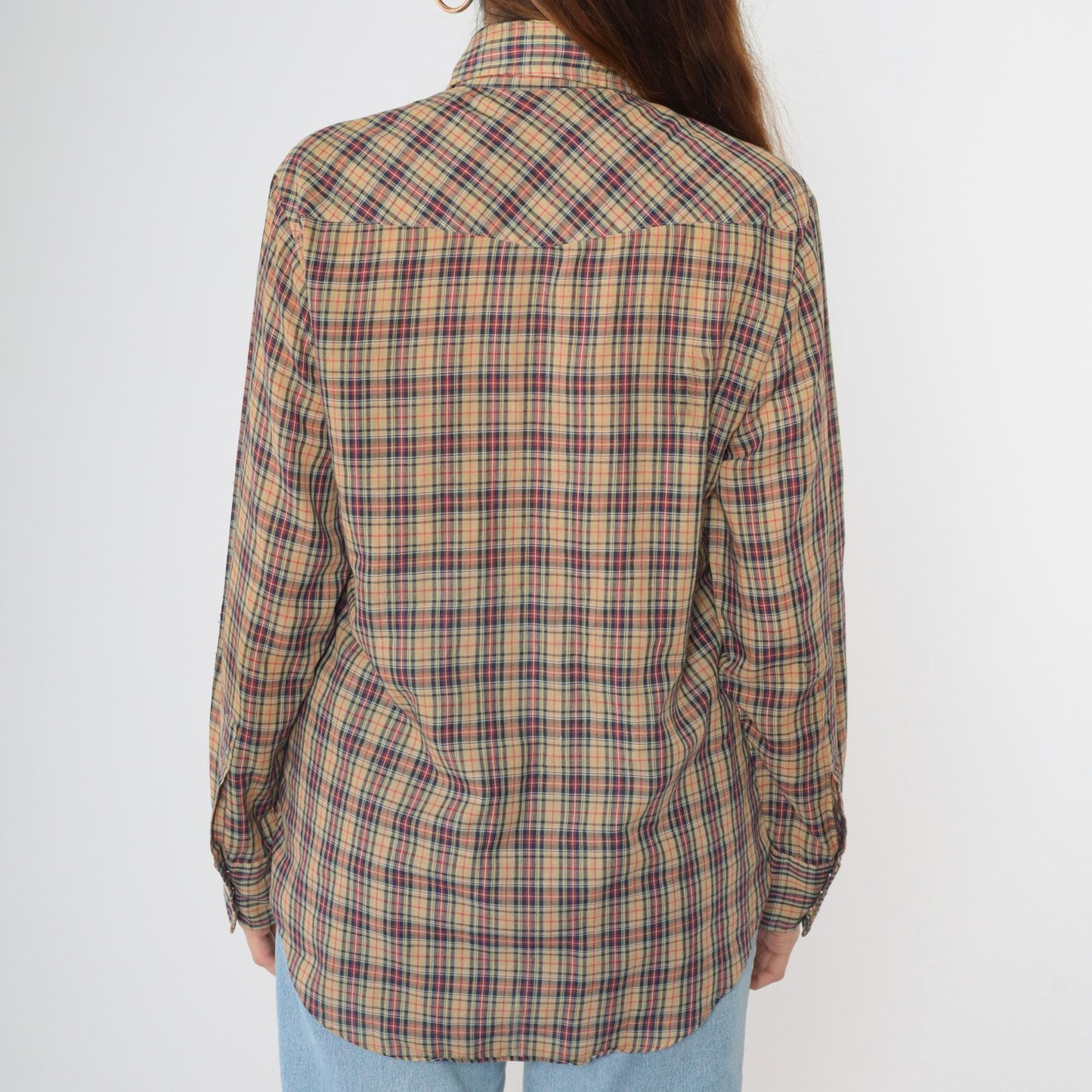 80s Plaid Western Pearl Snap Shirt Tan Red Blue Men's Medium