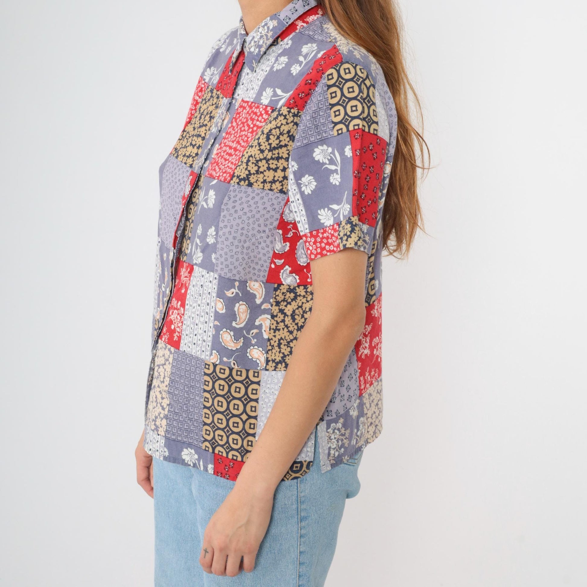 90s Alfred Dunner Patchwork Floral Paisley Button Up Blouse Muted Blue Red Medium